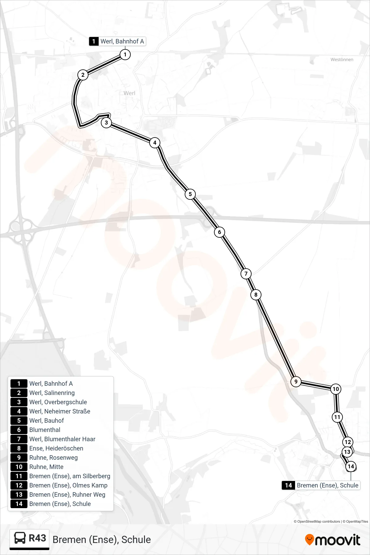 Linie R43 (Bus) Richtung Bremen (Ense), Schule: Route und Haltestellen auf der Karte