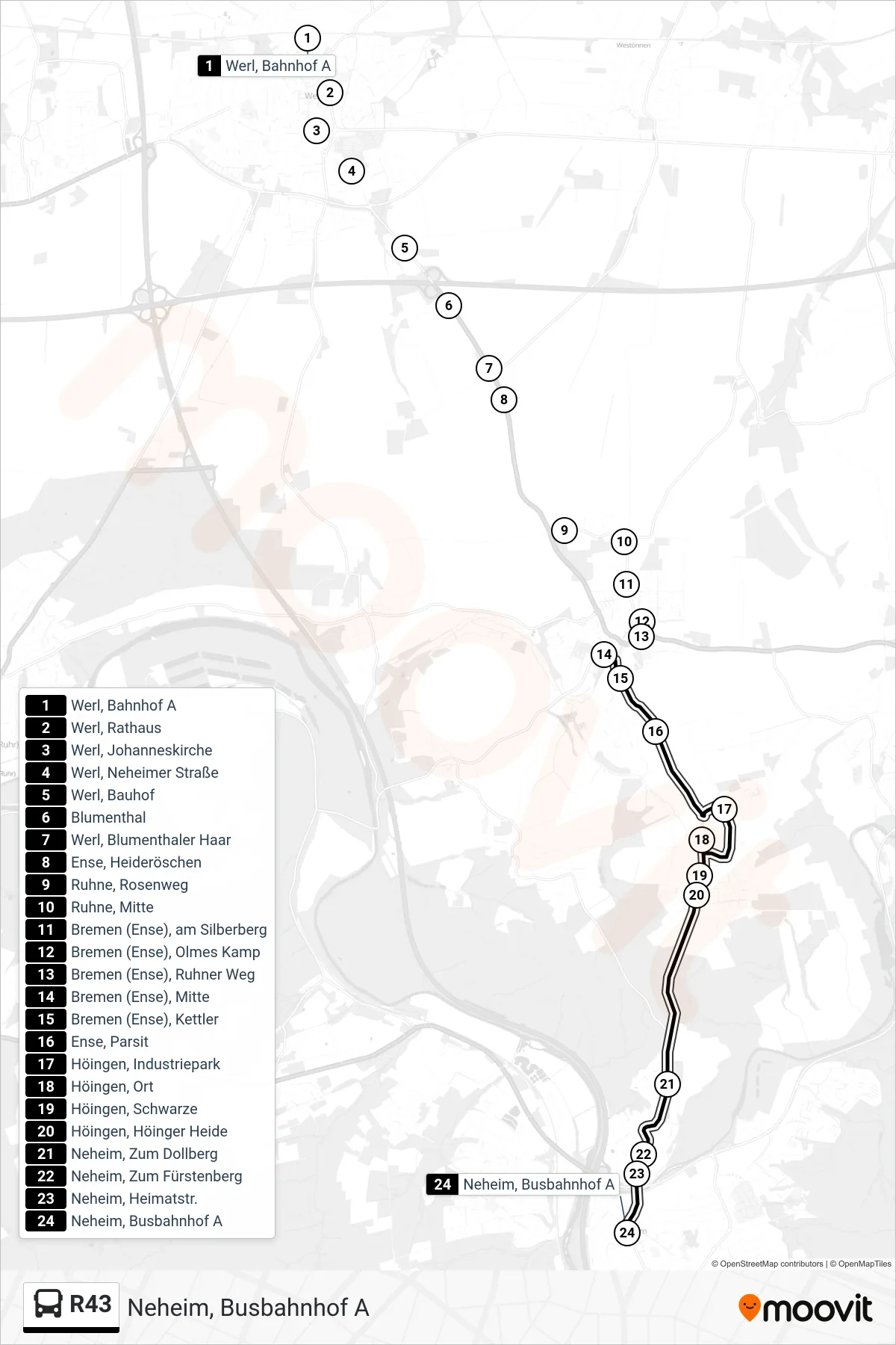 R43 bus Line (Neheim, Busbahnhof A) route and stops on a map
