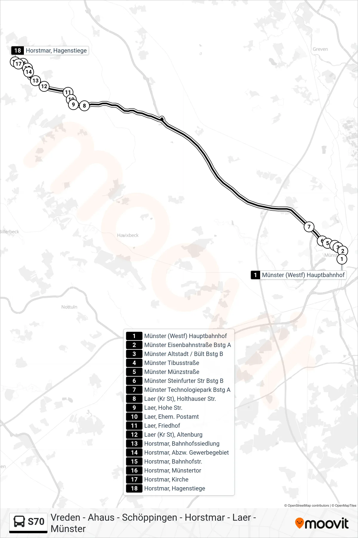 S70 bus Line (Horstmar, Hagenstiege) route and stops on a map