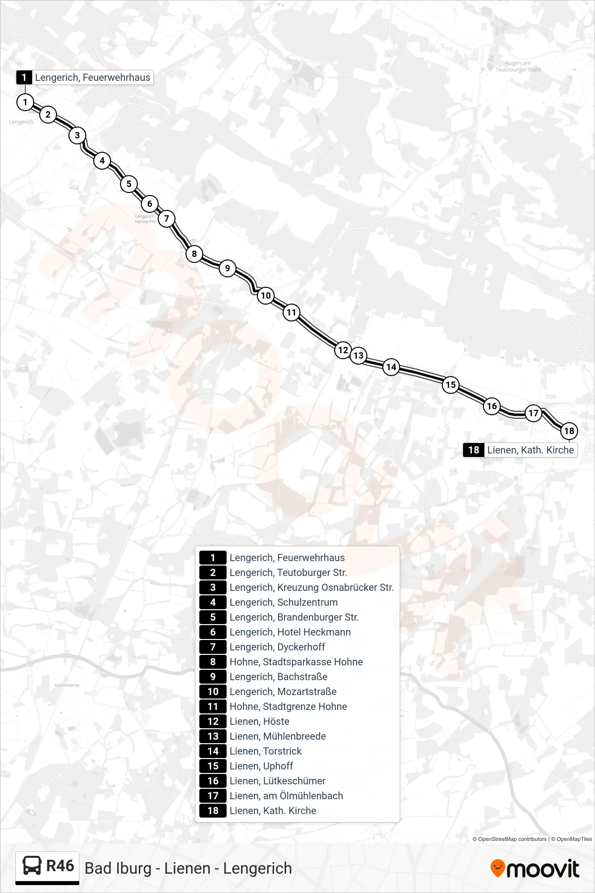 R46 bus Line (Lienen, Kath. Kirche) route and stops on a map