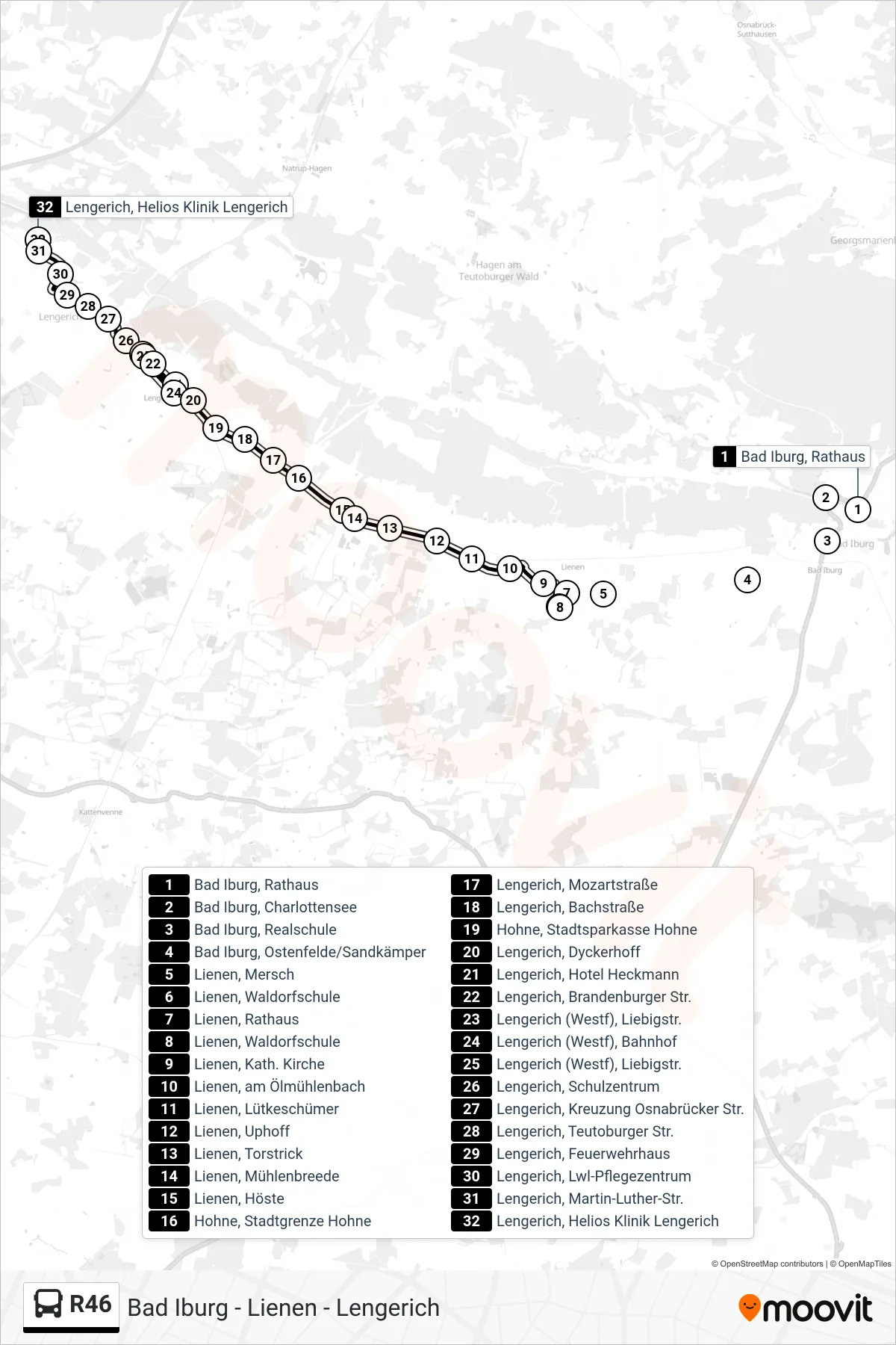 R46 bus Line (Lengerich, Helios Klinik Lengerich) route and stops on a map