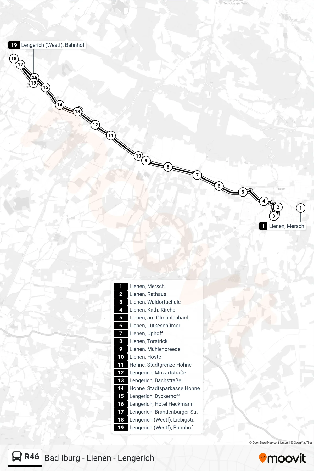 R46 bus Line (Lengerich (Westf), Bahnhof) route and stops on a map