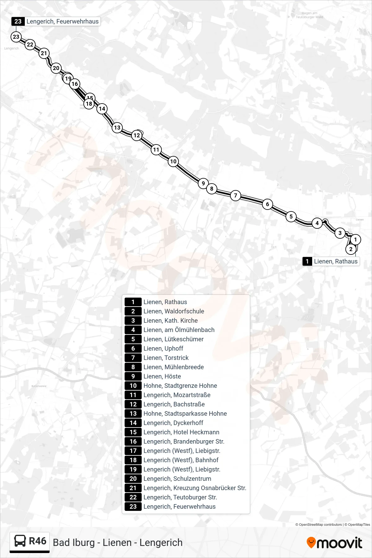 R46 bus Line (Lengerich, Feuerwehrhaus) route and stops on a map