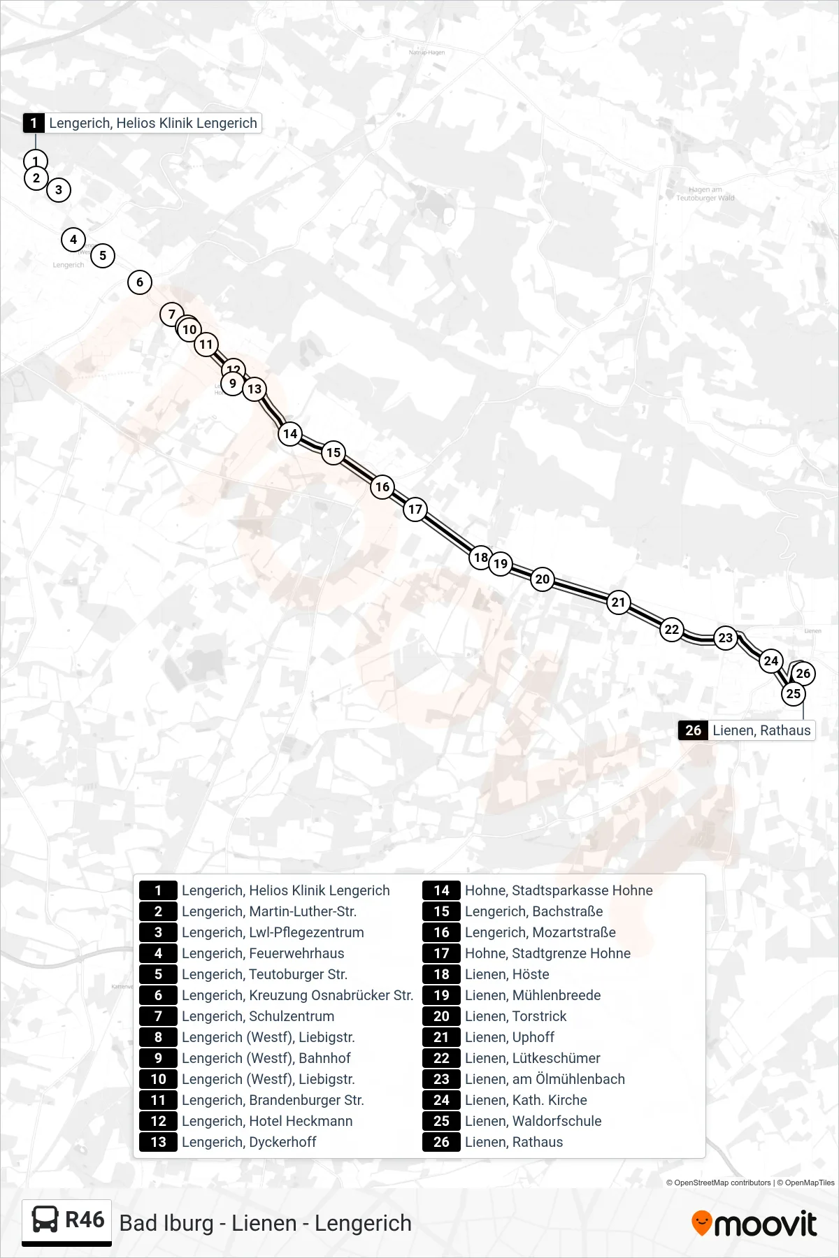 R46 bus Line (Lienen, Rathaus) route and stops on a map