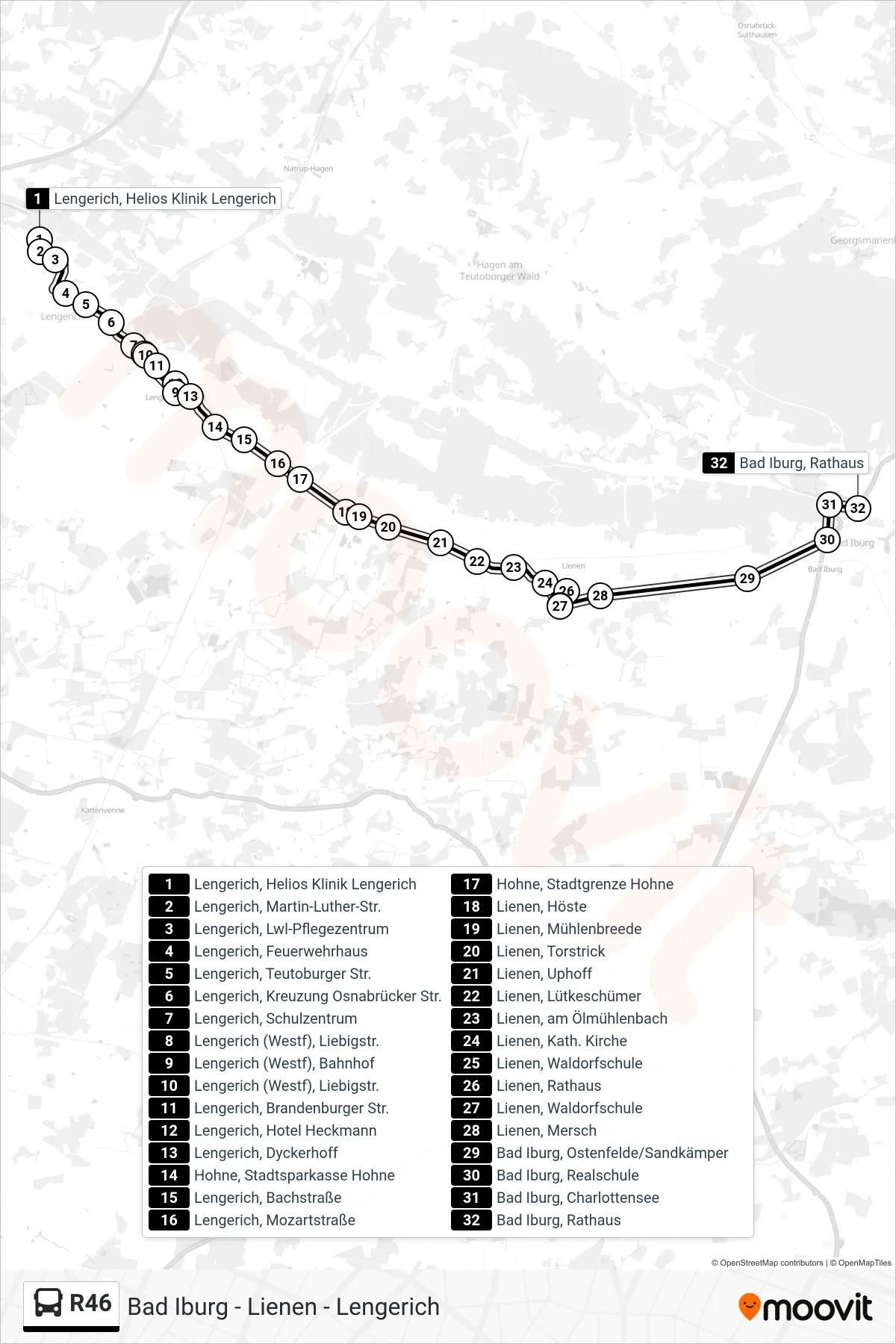 R46 bus Line (Bad Iburg, Rathaus) route and stops on a map