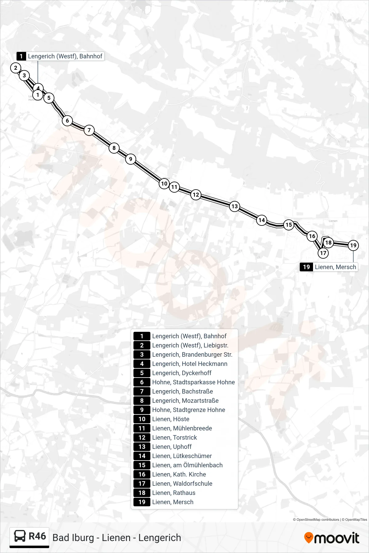 R46 bus Line (Lienen, Mersch) route and stops on a map