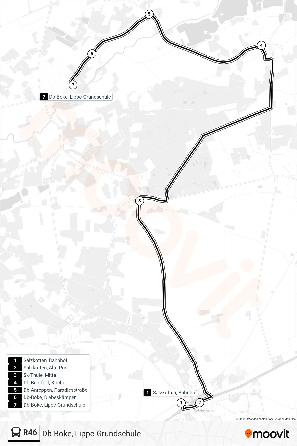 Linie R46 (Bus) Richtung Db-Boke, Lippe-Grundschule: Route und Haltestellen auf der Karte