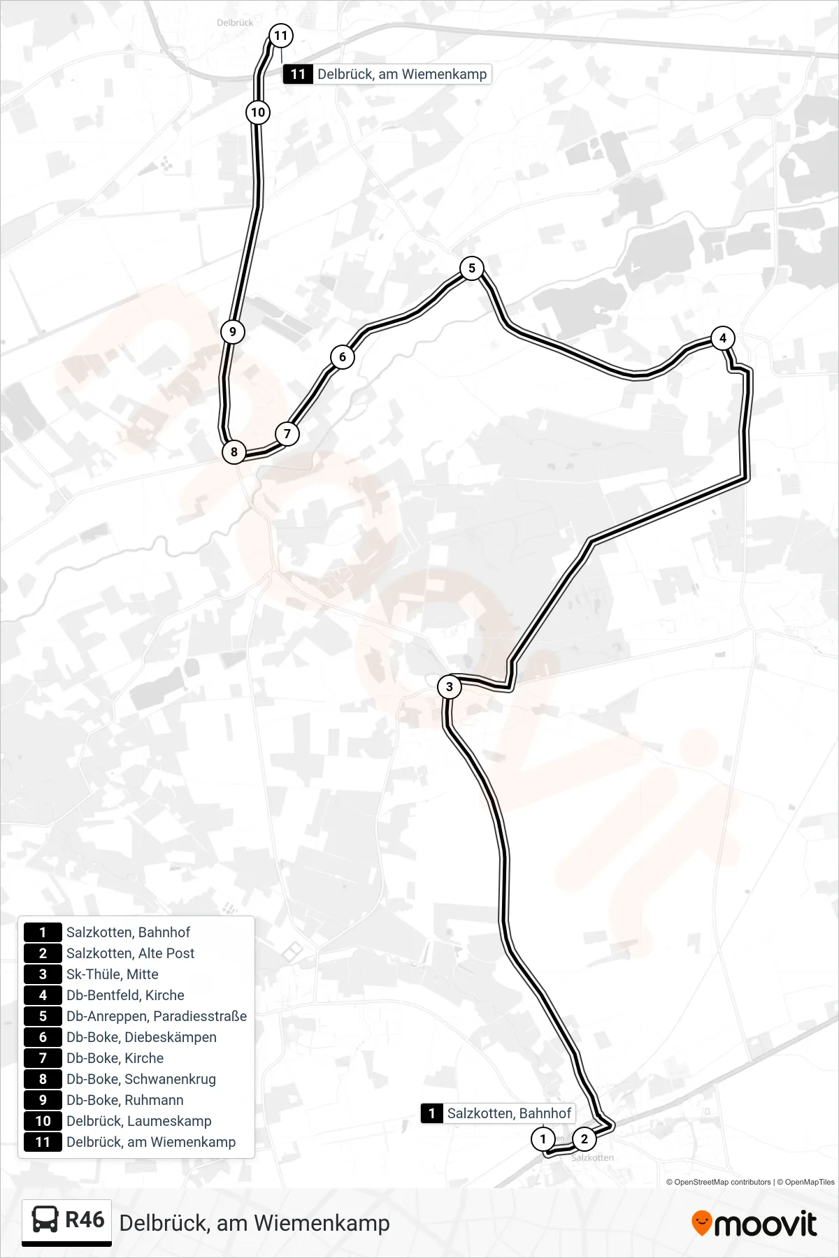 R46 bus Line (Delbrück, am Wiemenkamp) route and stops on a map