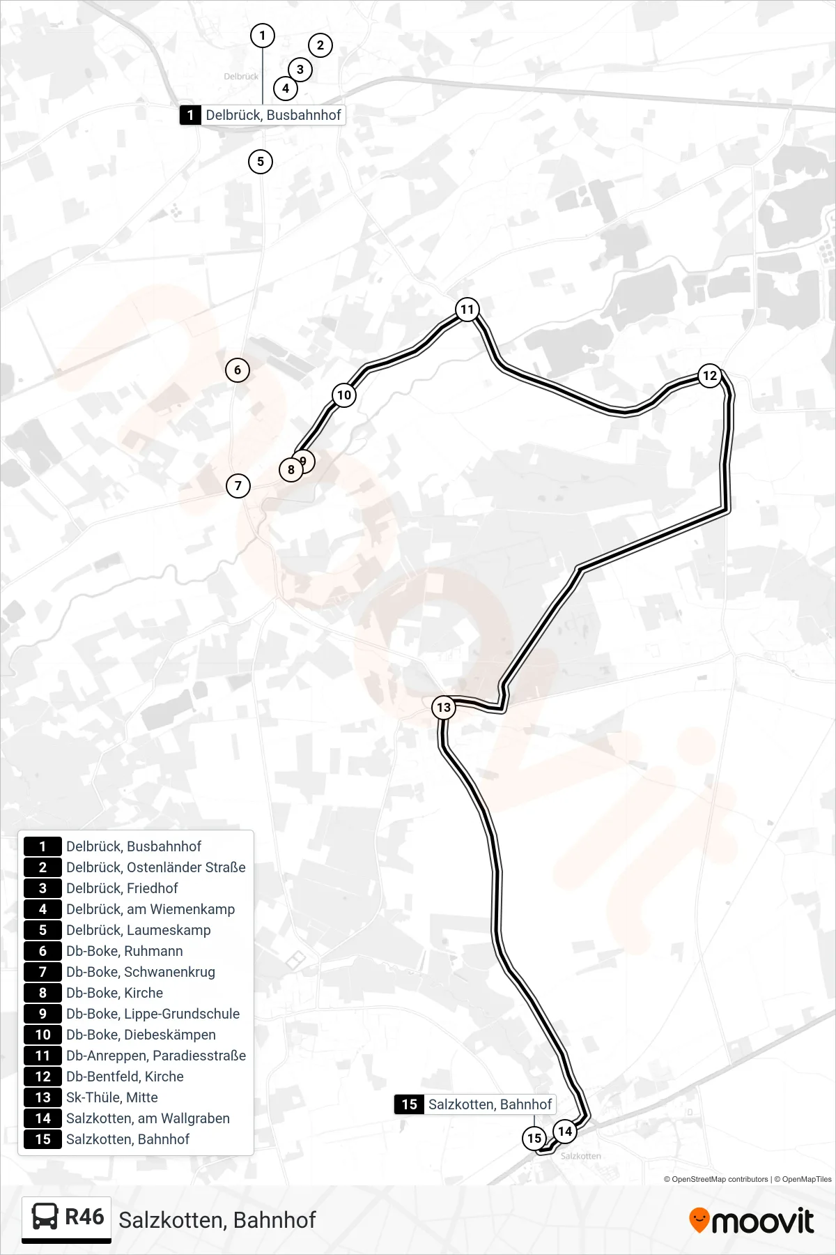 Linie R46 (Bus) Richtung Salzkotten, Bahnhof: Route und Haltestellen auf der Karte