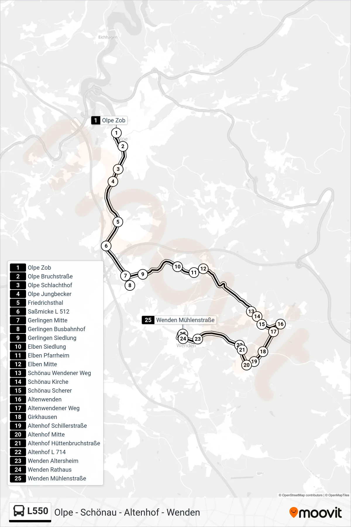 Linie L550 (Bus) Richtung Wenden Mühlenstraße: Route und Haltestellen auf der Karte