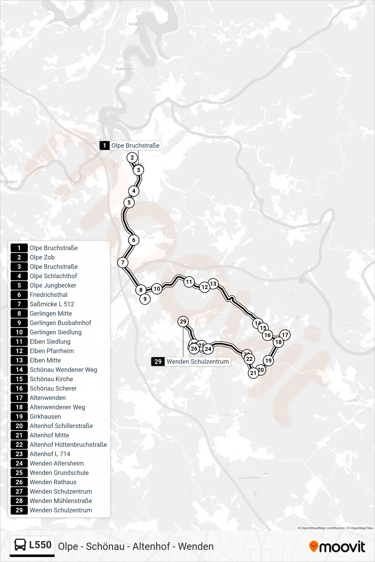 L550 bus Line (Wenden Schulzentrum) route and stops on a map