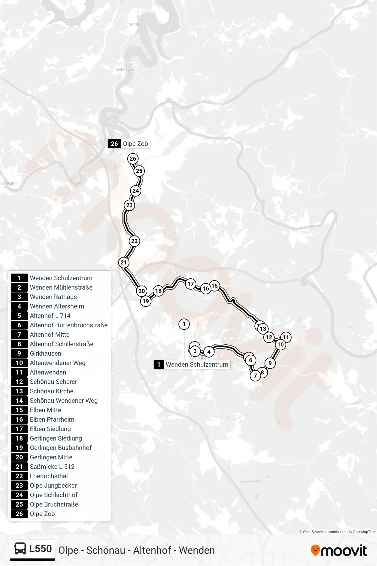 L550 bus Line (Olpe Zob Bstg 10) route and stops on a map