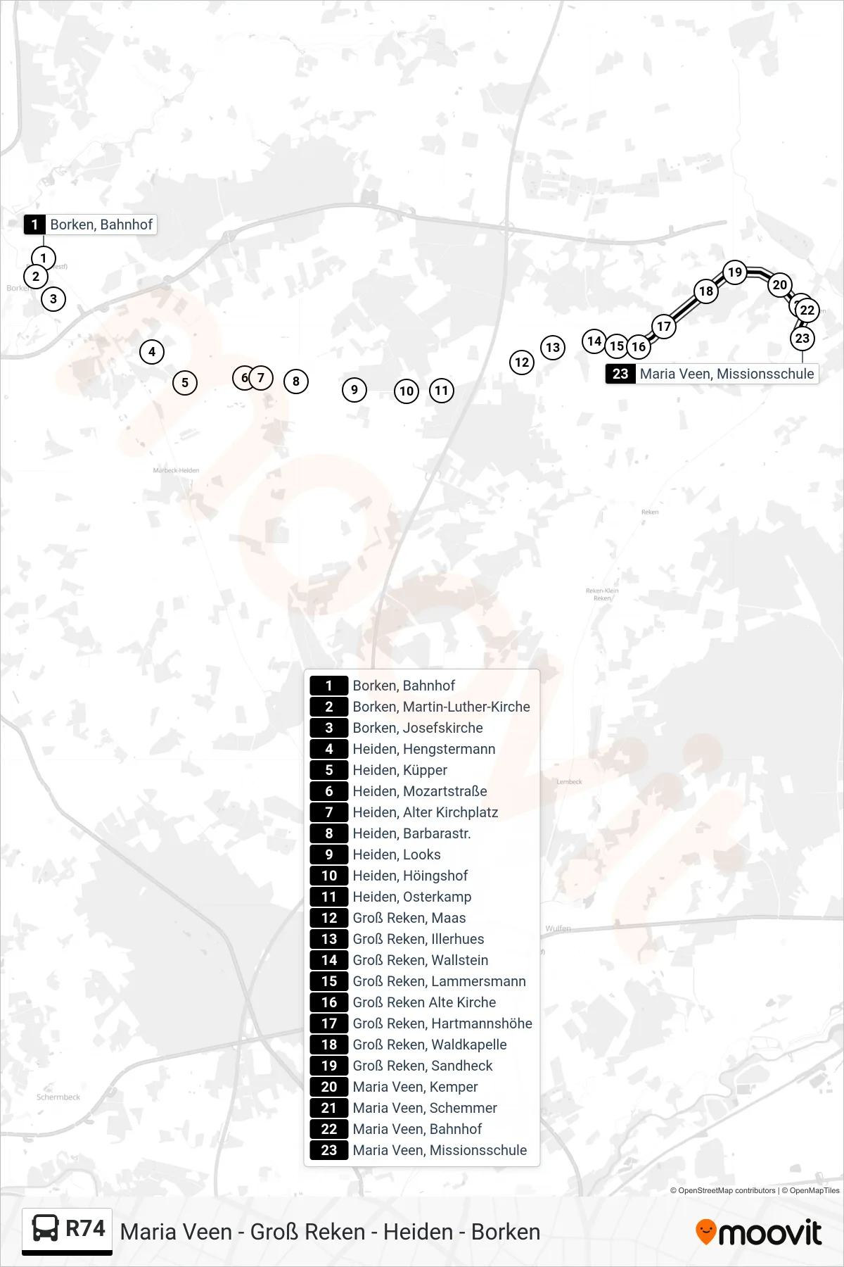 R74 bus Line (Maria Veen, Missionsschule) route and stops on a map
