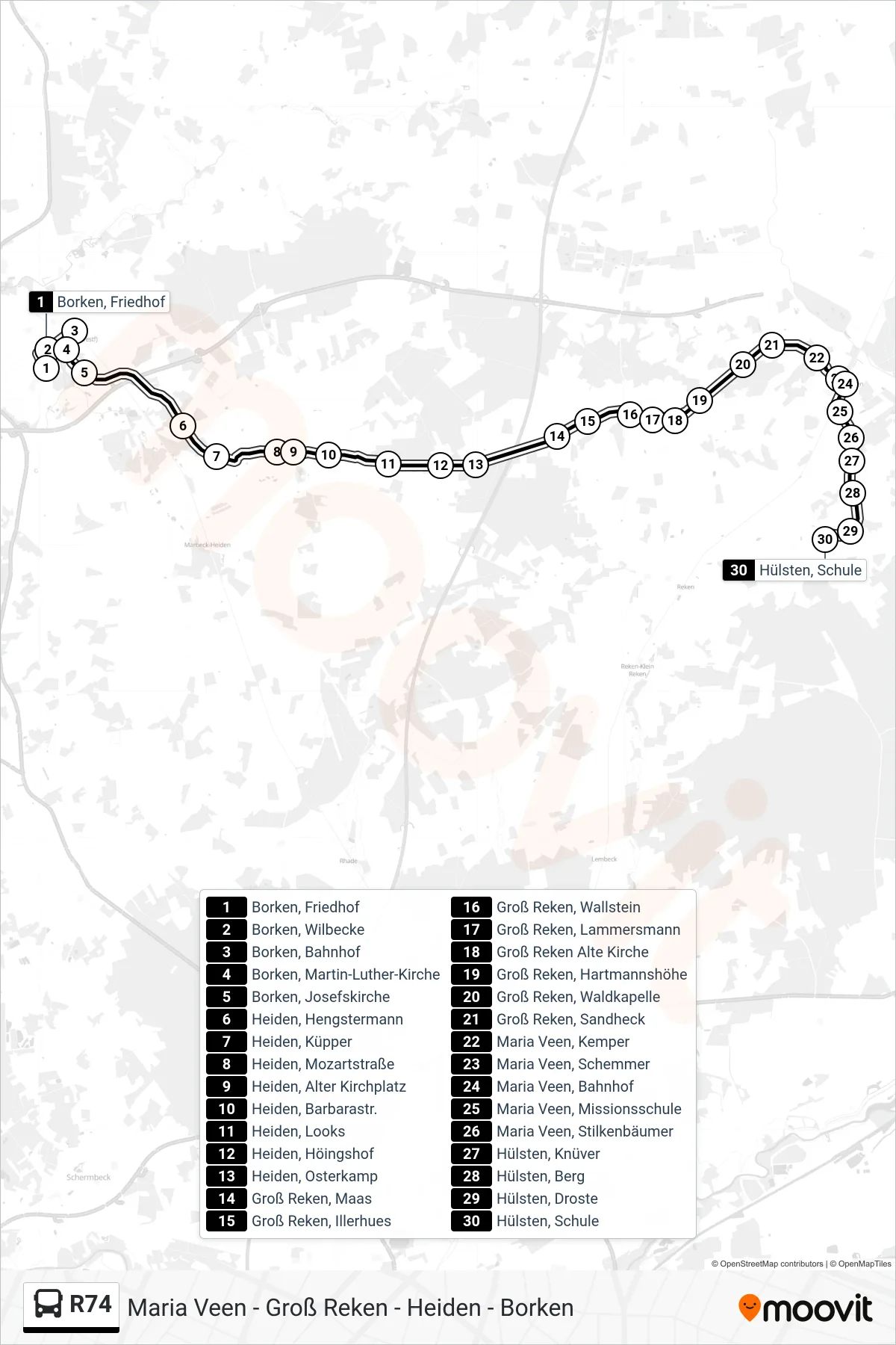 R74 bus Line (Hülsten, Schule) route and stops on a map
