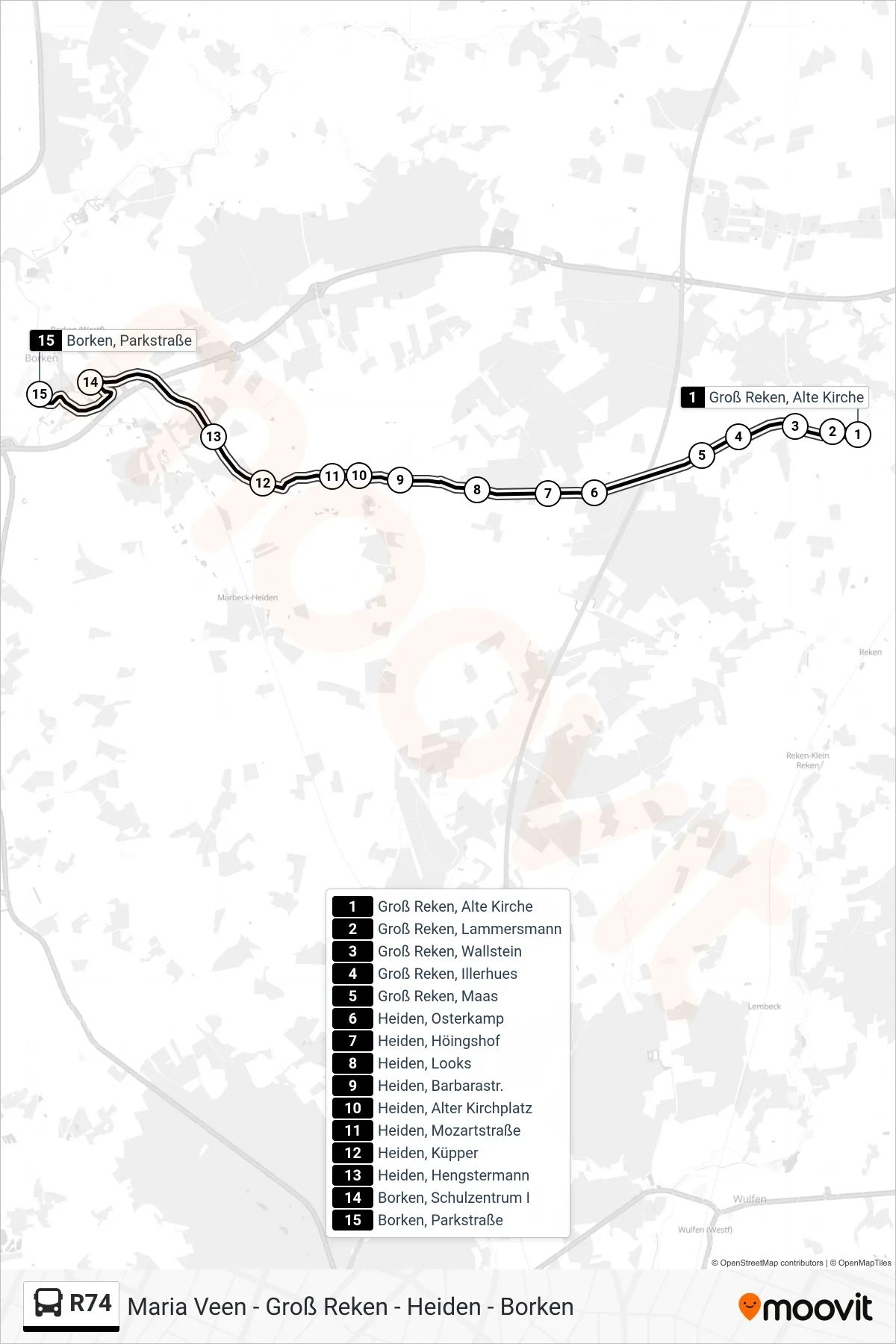 R74 bus Line (Borken, Parkstraße) route and stops on a map