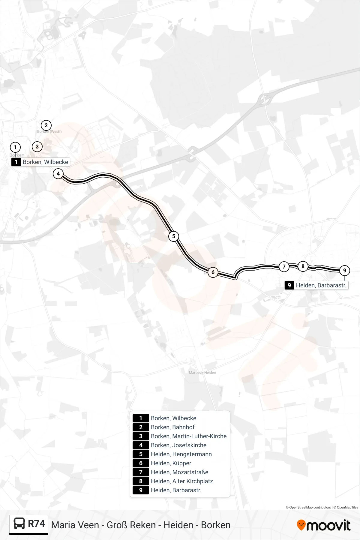 R74 bus Line (Heiden, Barbarastr.) route and stops on a map