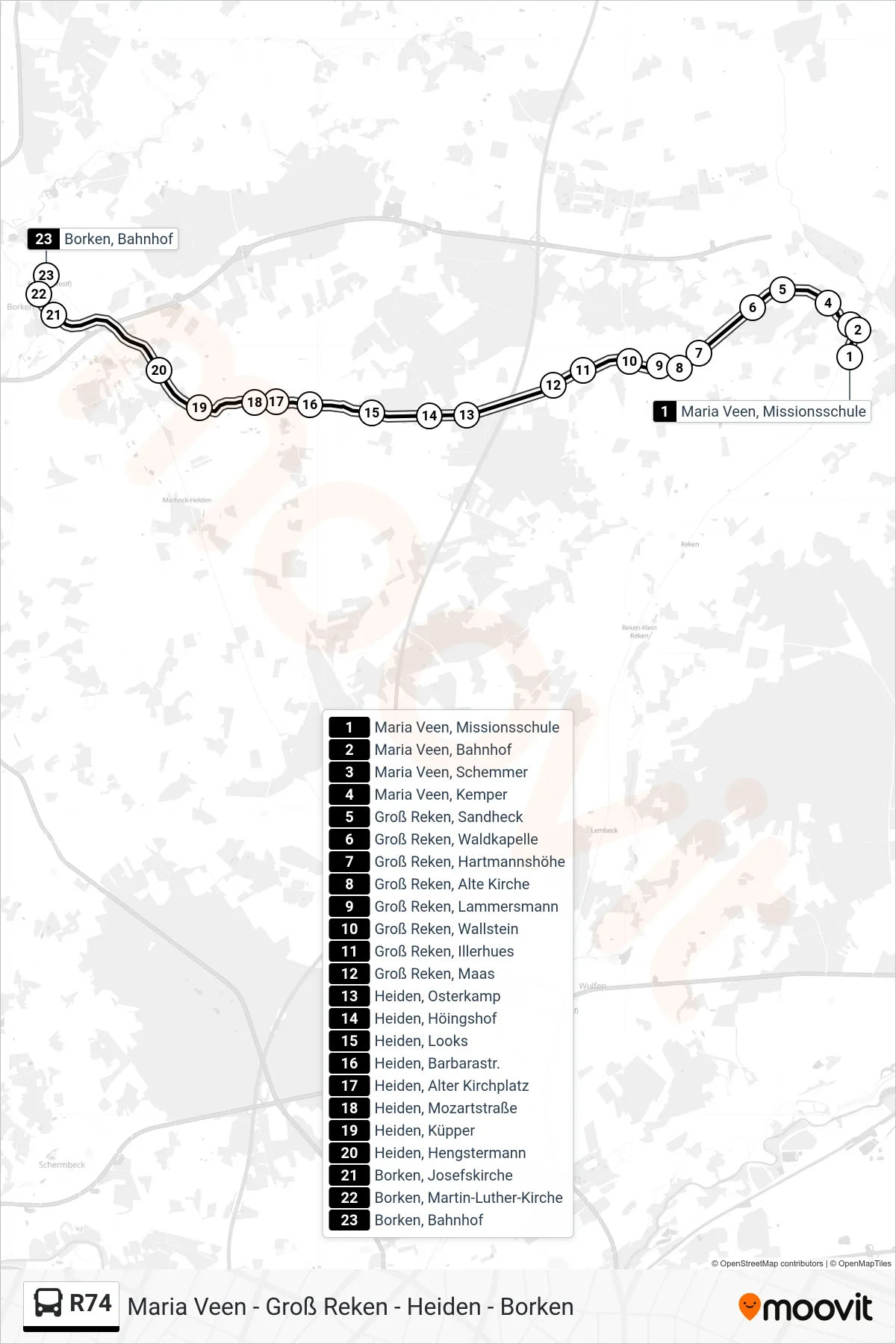 R74 bus Line (Borken, Bahnhof Bstg 4) route and stops on a map