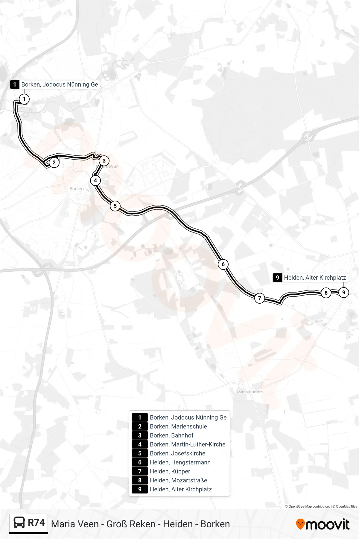 R74 bus Line (Heiden, Alter Kirchplatz) route and stops on a map