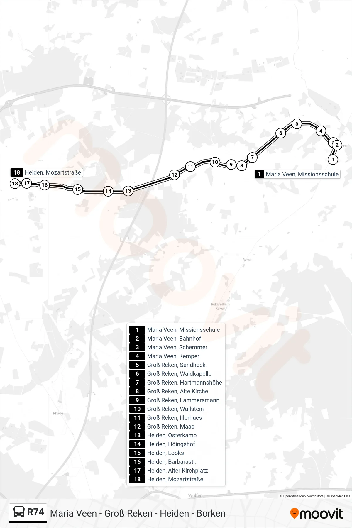 R74 bus Line (Heiden, Mozartstraße) route and stops on a map