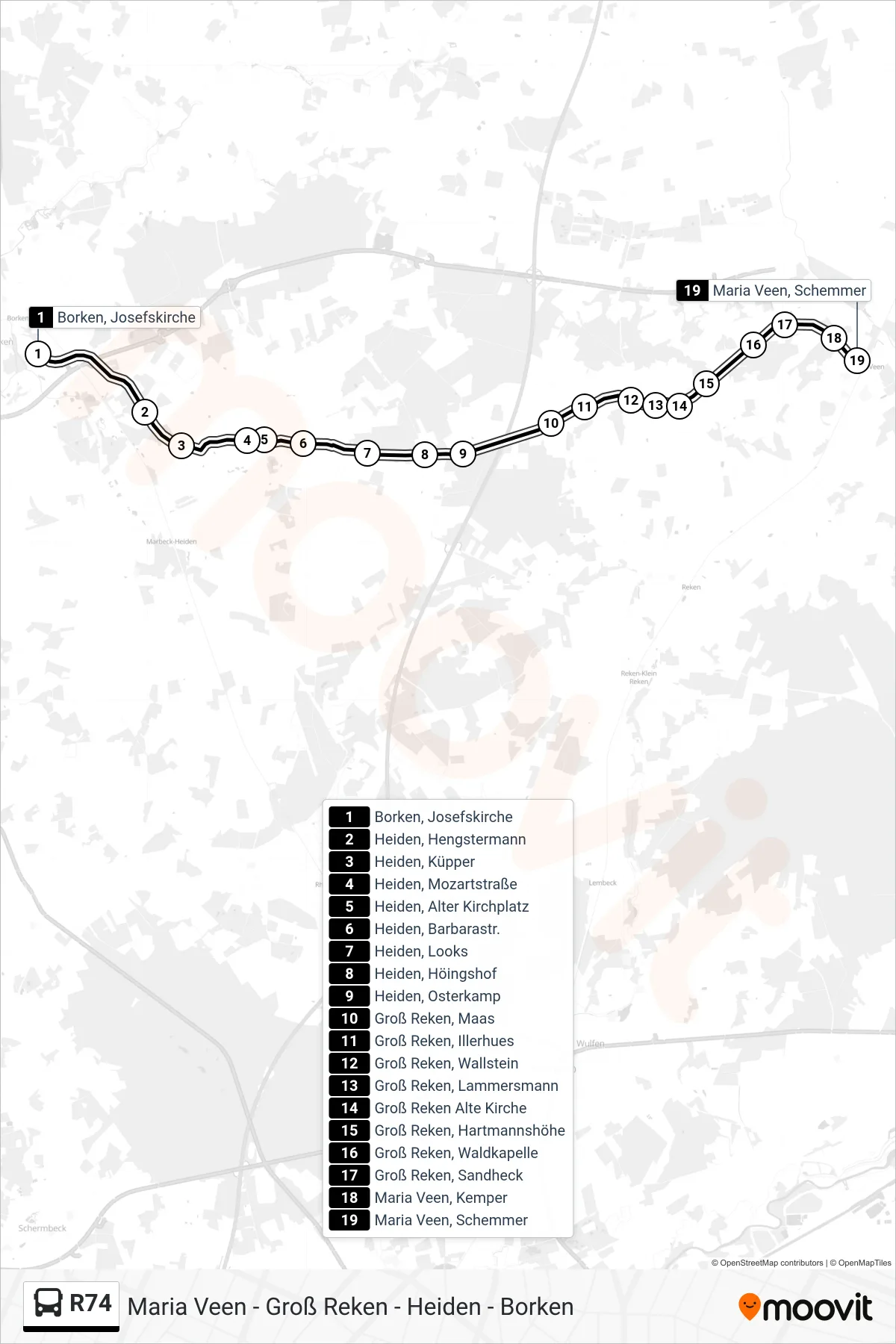 R74 bus Line (Maria Veen, Schemmer) route and stops on a map