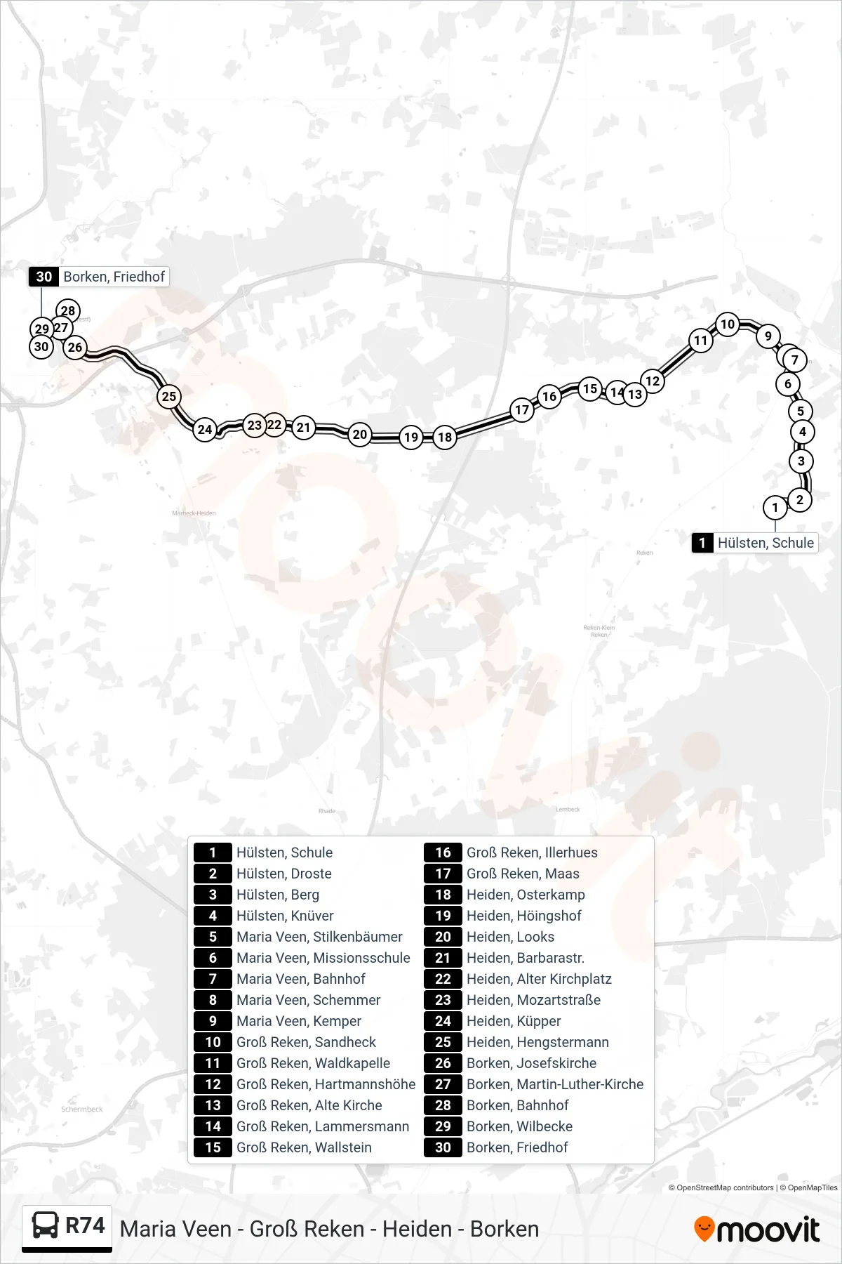R74 bus Line (Borken, Friedhof) route and stops on a map