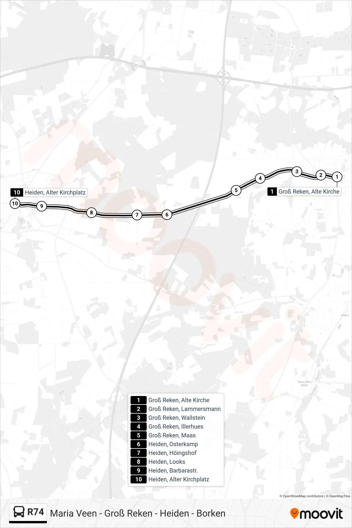 R74 bus Line (Heiden, Alter Kirchplatz) route and stops on a map