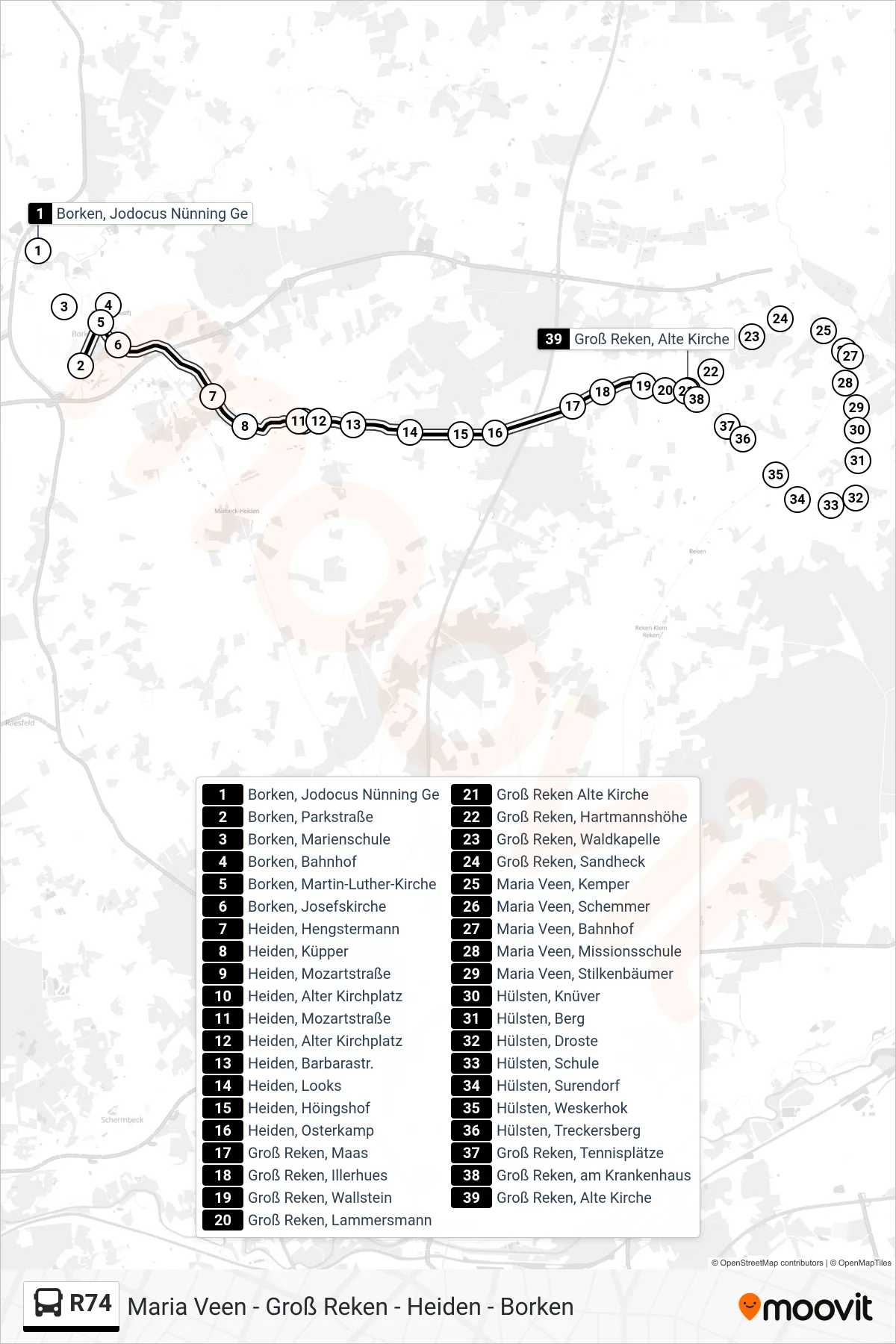 R74 bus Line (Groß Reken, Alte Kirche) route and stops on a map