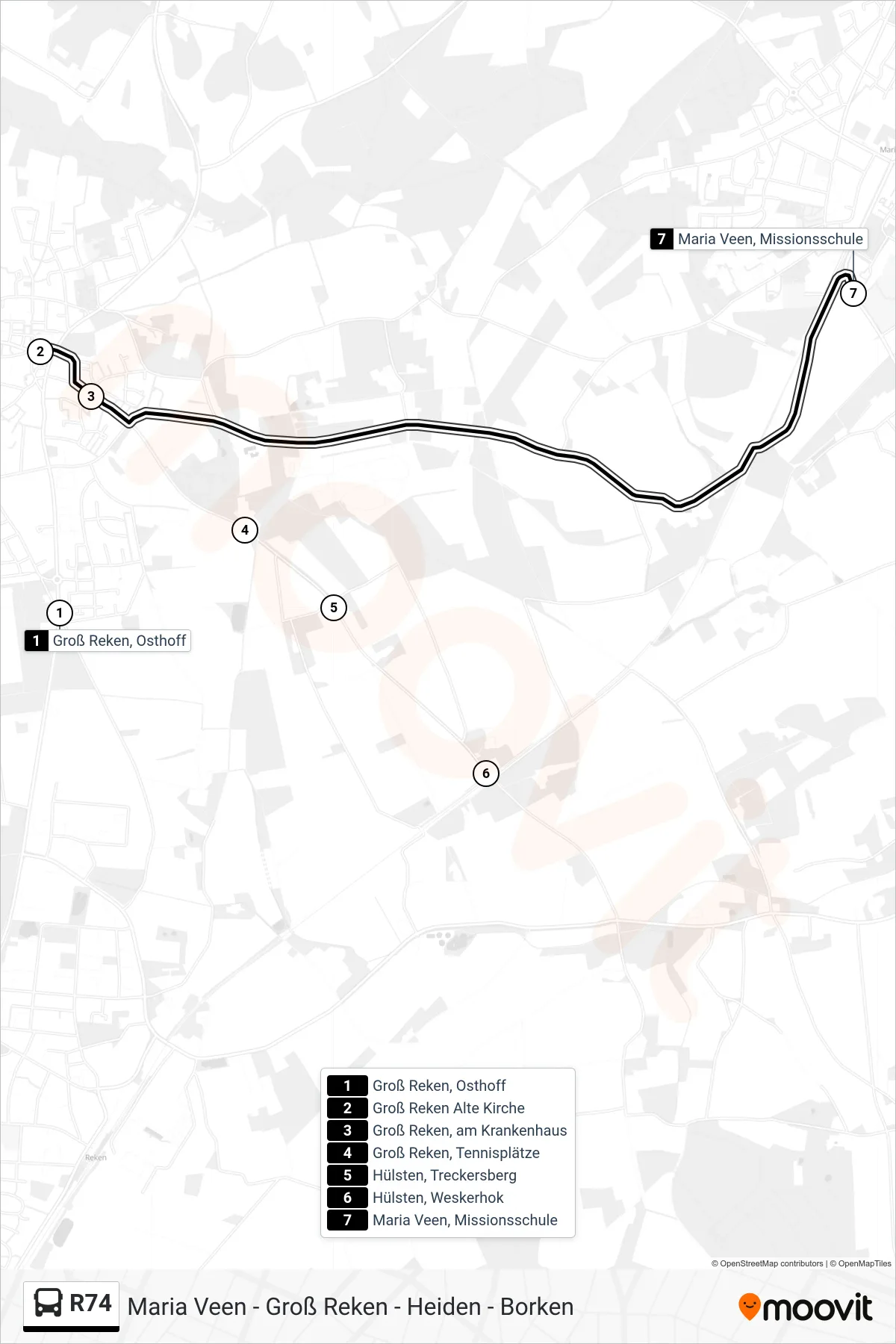 R74 bus Line (Maria Veen, Missionsschule) route and stops on a map