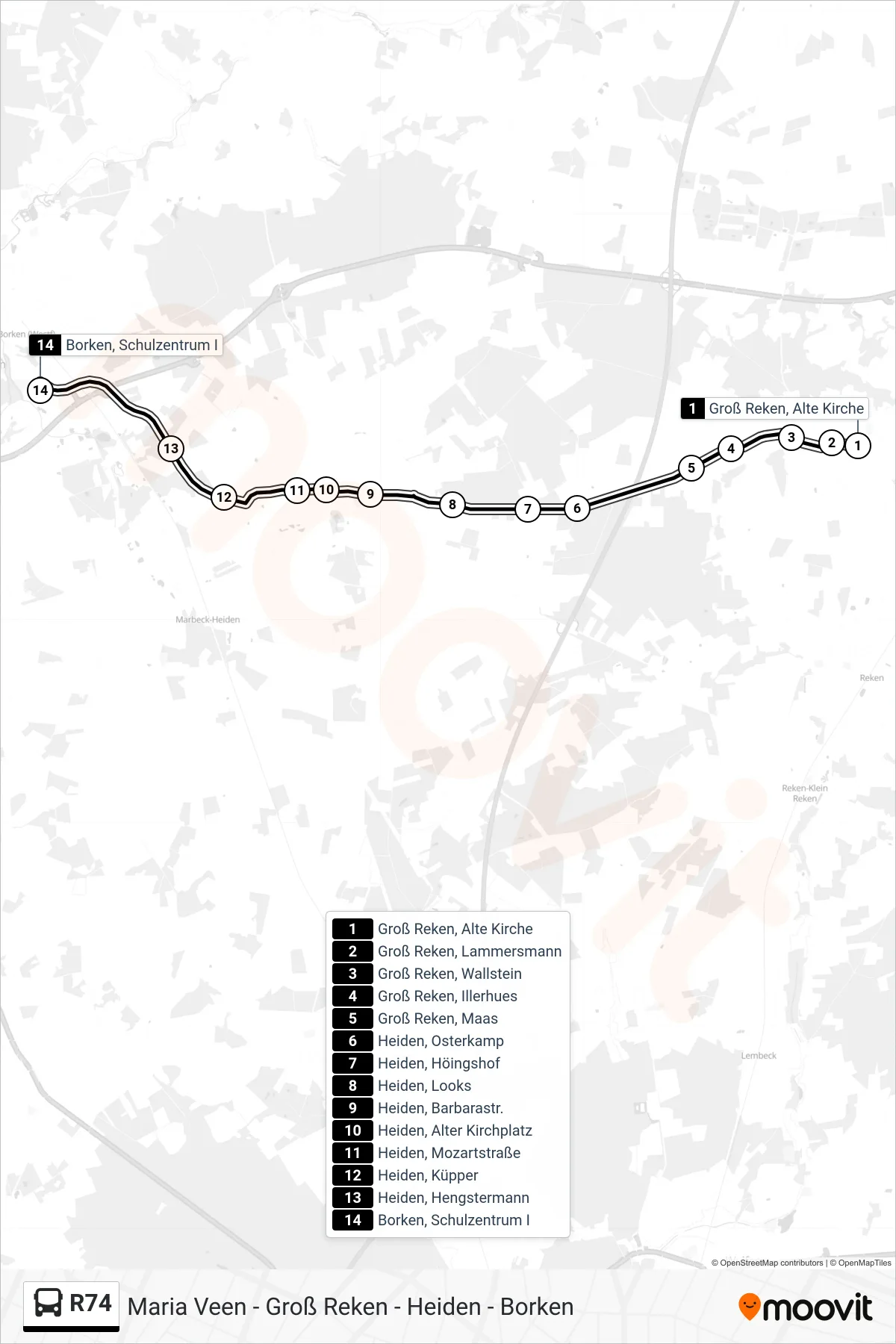 R74 bus Line (Borken, Schulzentrum I) route and stops on a map
