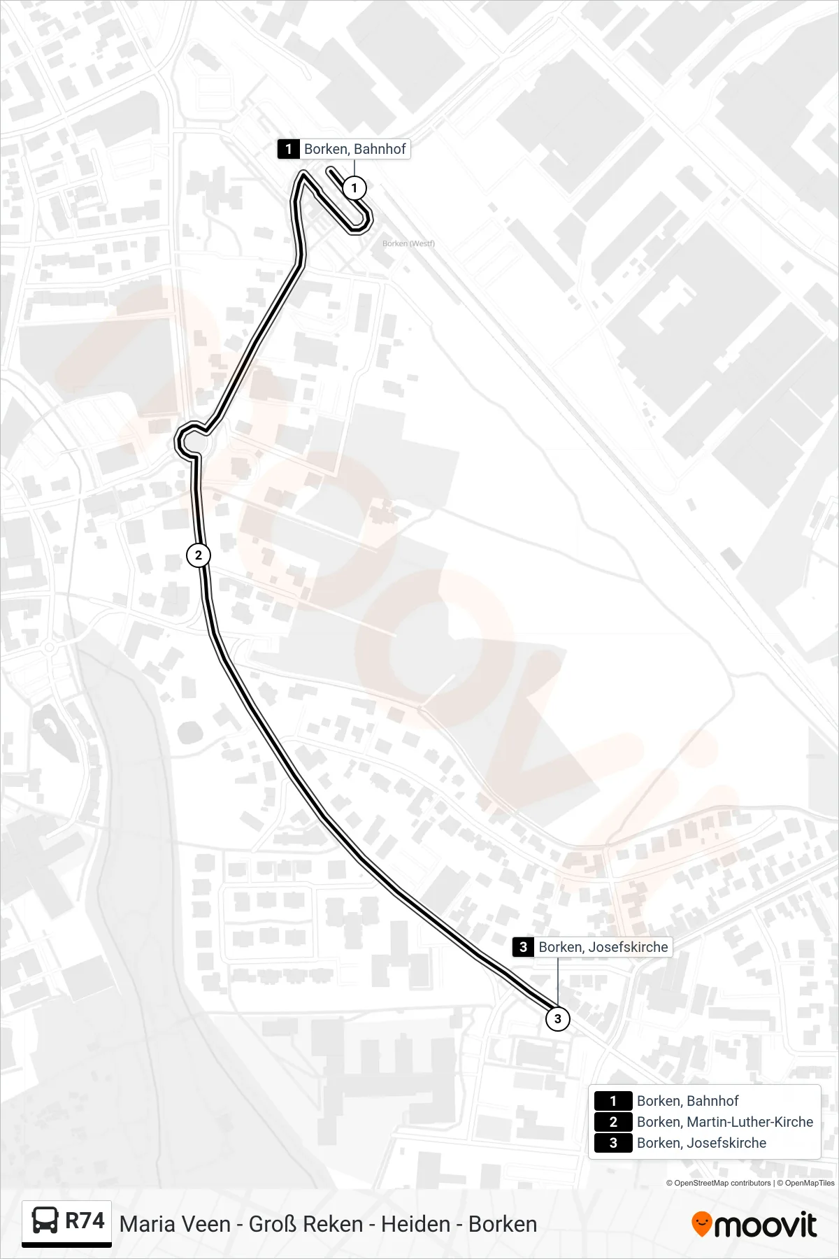 R74 bus Line (Borken, Josefskirche) route and stops on a map
