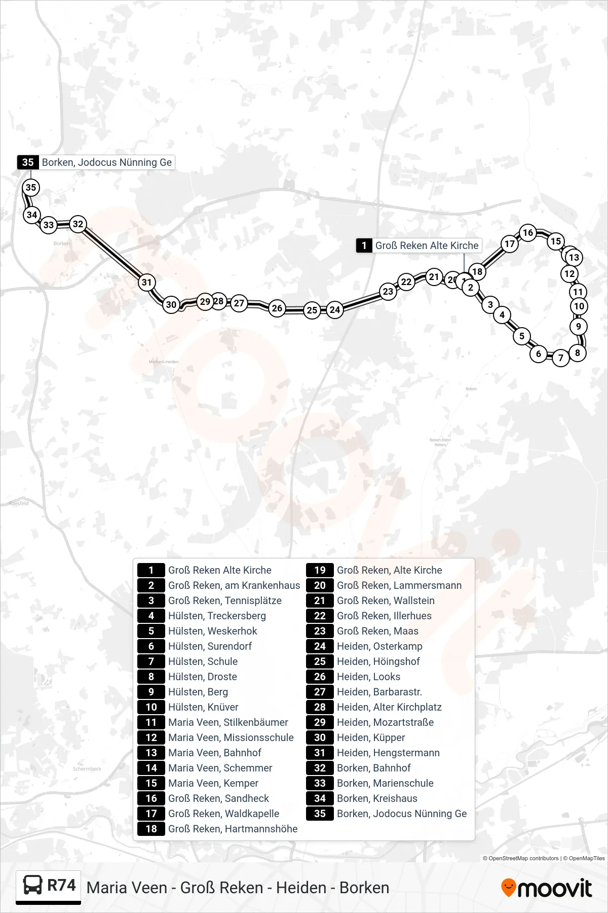 Linie R74 (Bus) Richtung Borken, Jodocus Nünning Ge: Route und Haltestellen auf der Karte
