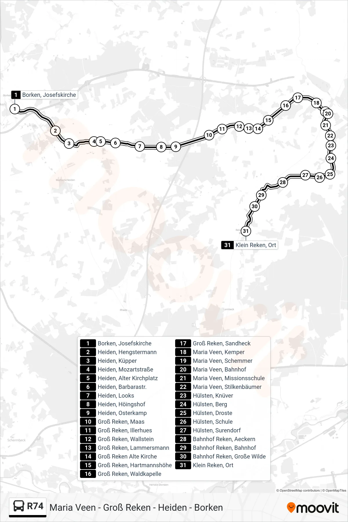 R74 bus Line (Klein Reken, Ort) route and stops on a map