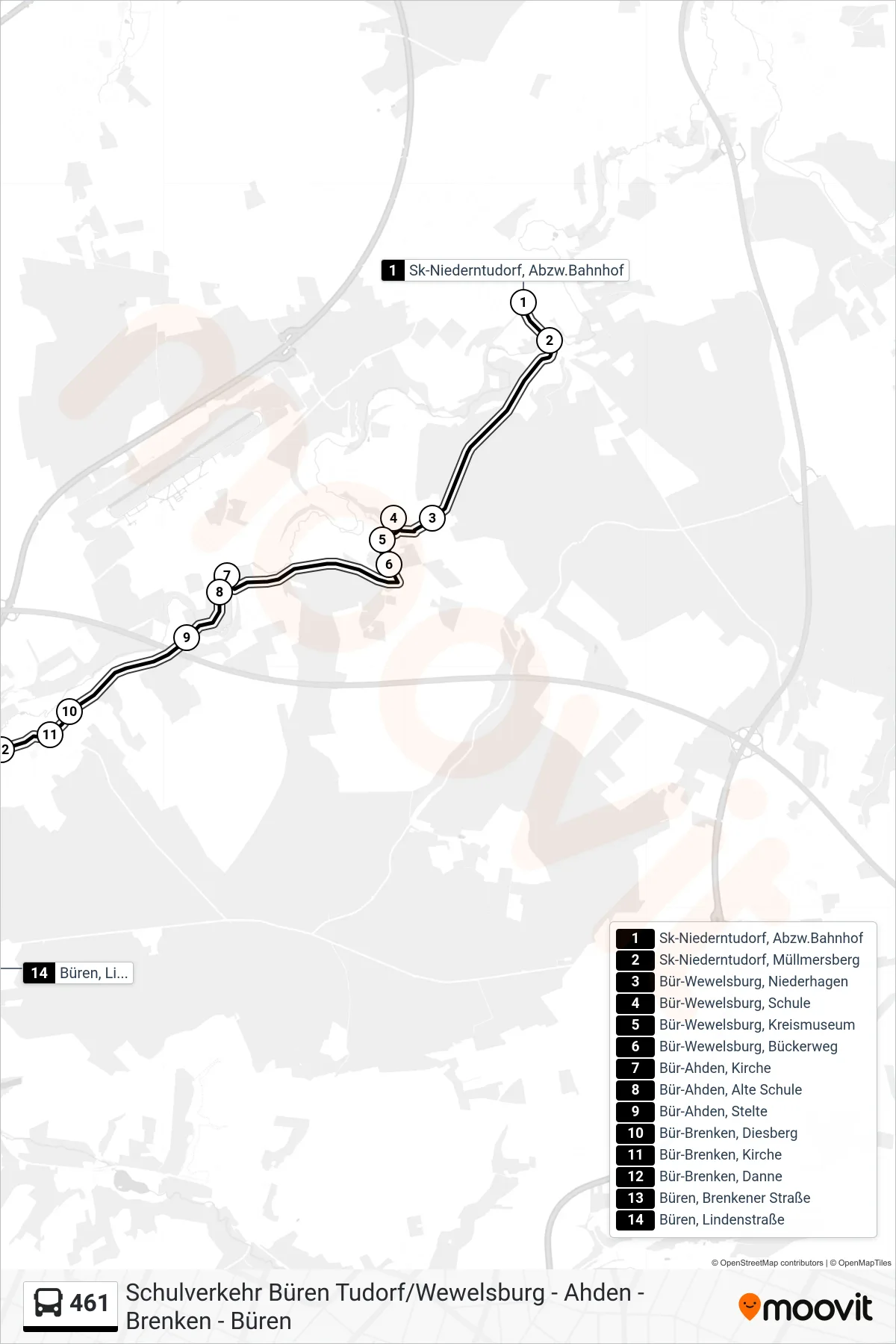 461 bus Line (Büren, Lindenstraße) route and stops on a map