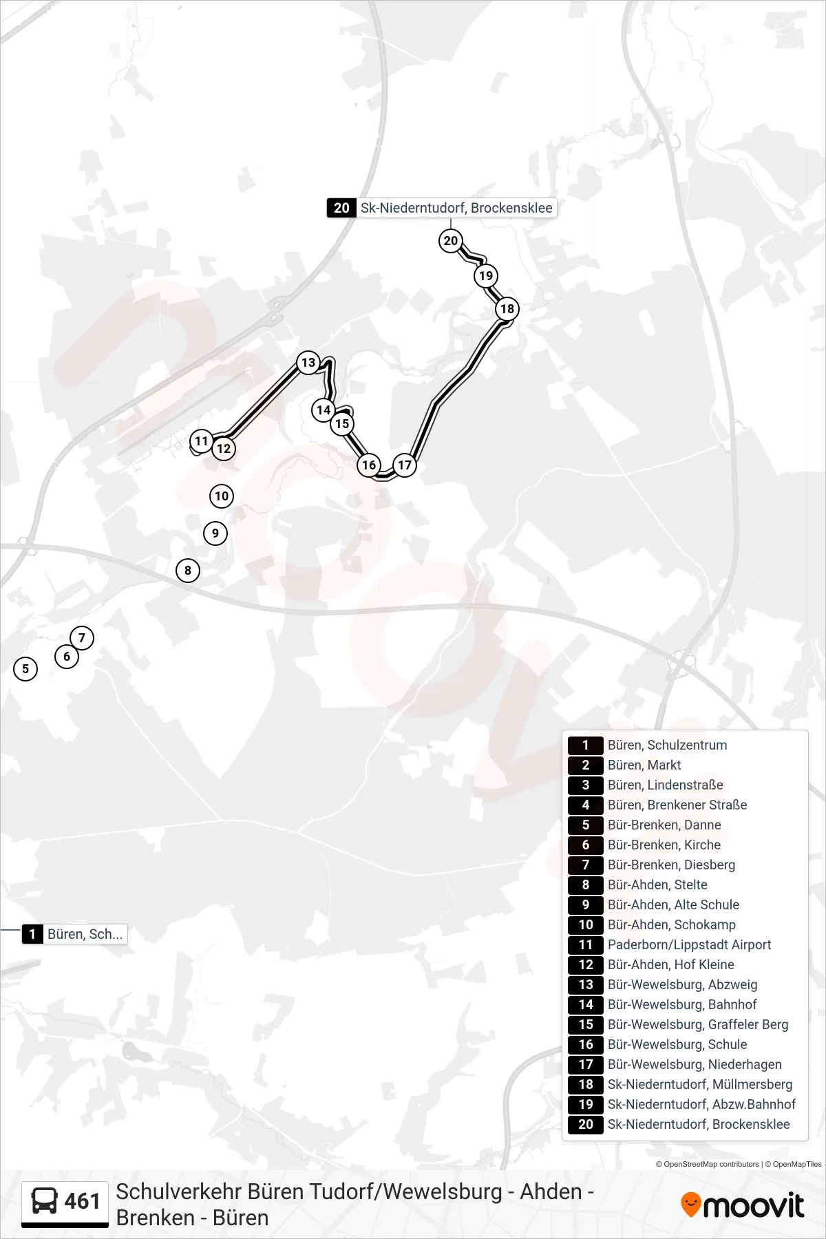 461 bus Line (Sk-Niederntudorf, Brockensklee) route and stops on a map
