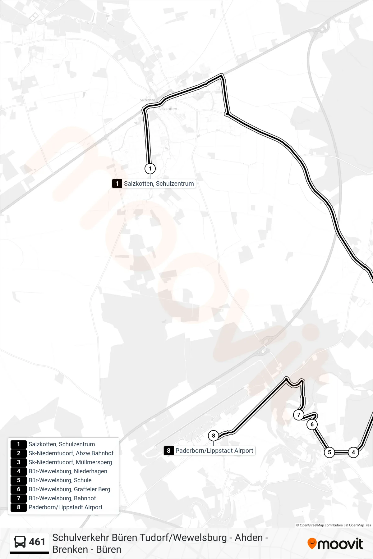 461 bus Line (Paderborn/Lippstadt Airport) route and stops on a map