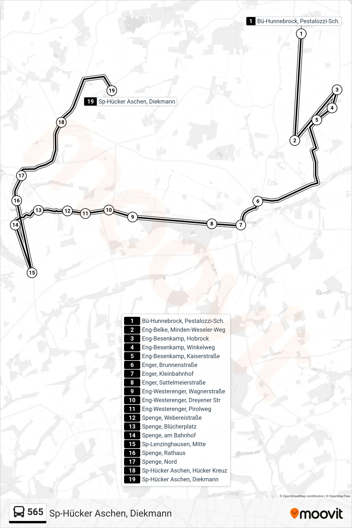 565 bus Line (Sp-Hücker Aschen, Diekmann) route and stops on a map