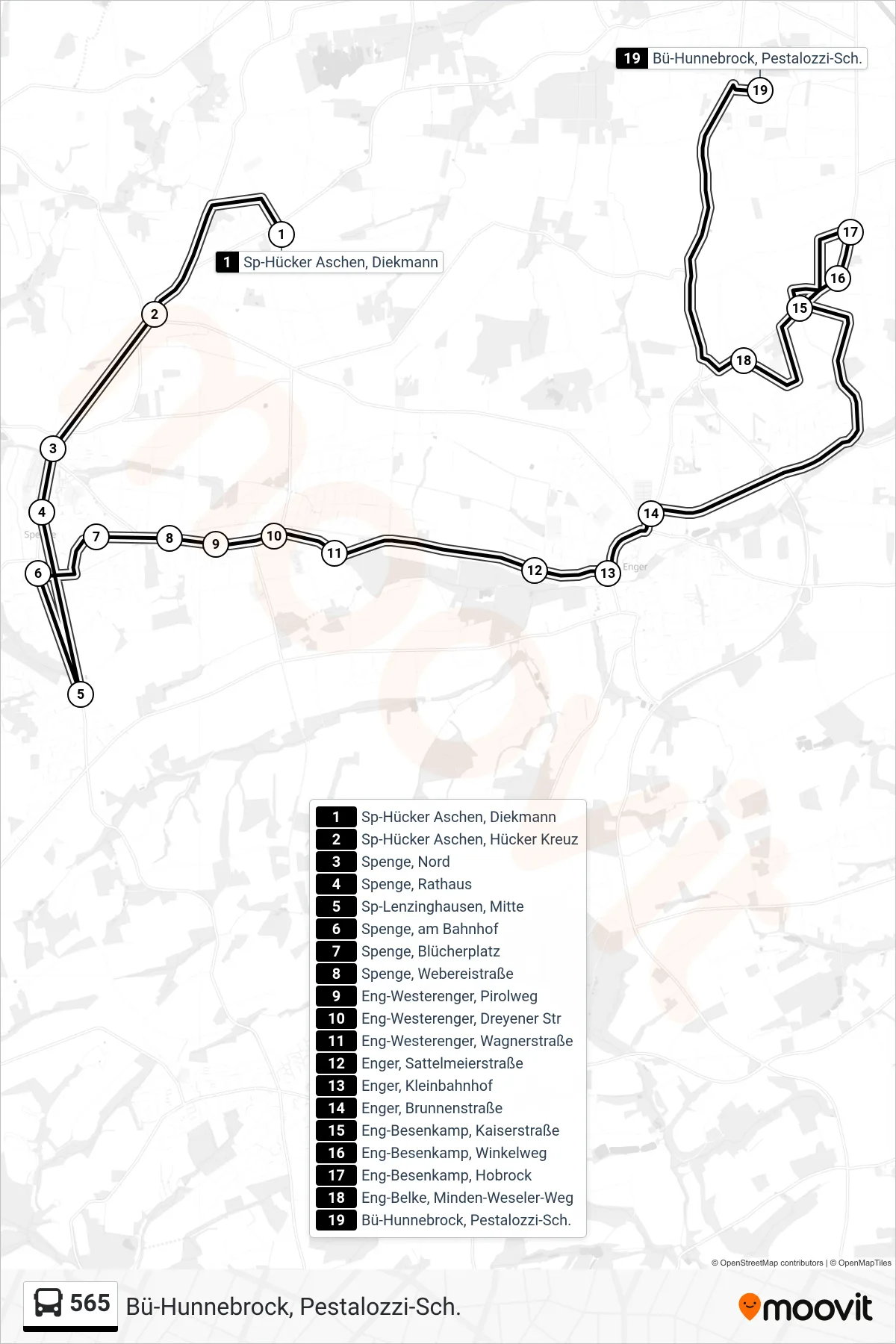 Linie 565 (Bus) Richtung Bü-Hunnebrock, Pestalozzi-Sch.: Route und Haltestellen auf der Karte