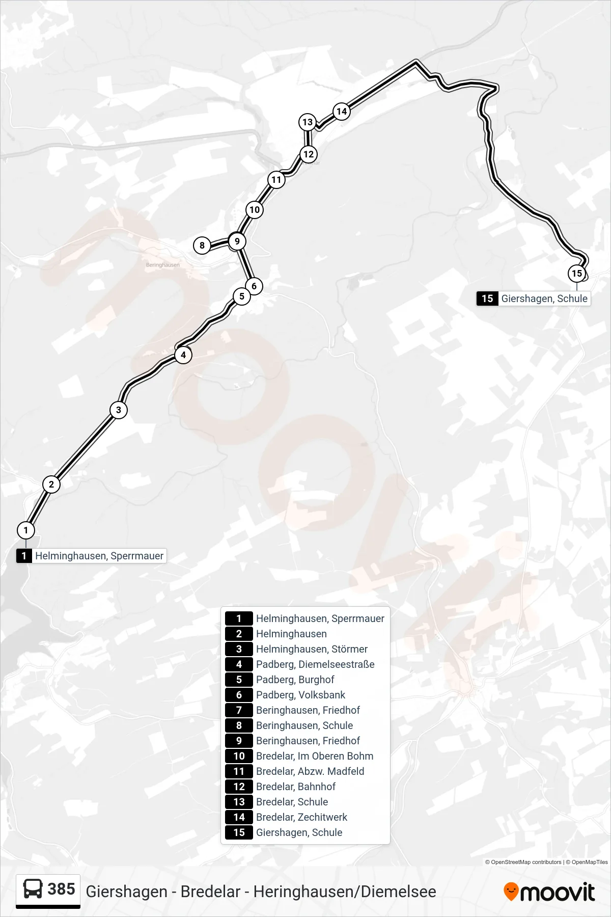 Linie 385 (Bus) Richtung Giershagen: Route und Haltestellen auf der Karte