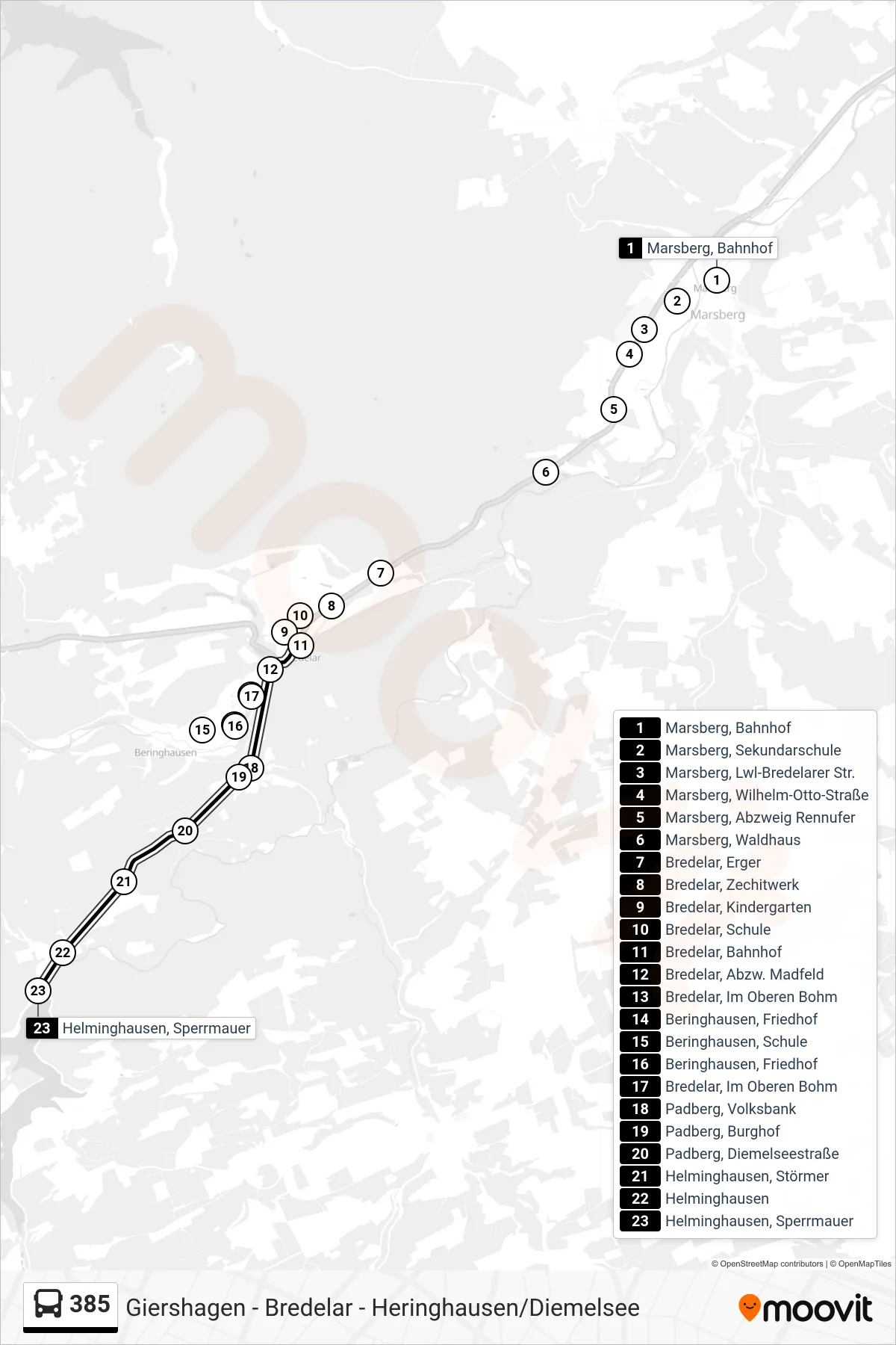 385 bus Line (Helminghausen) route and stops on a map