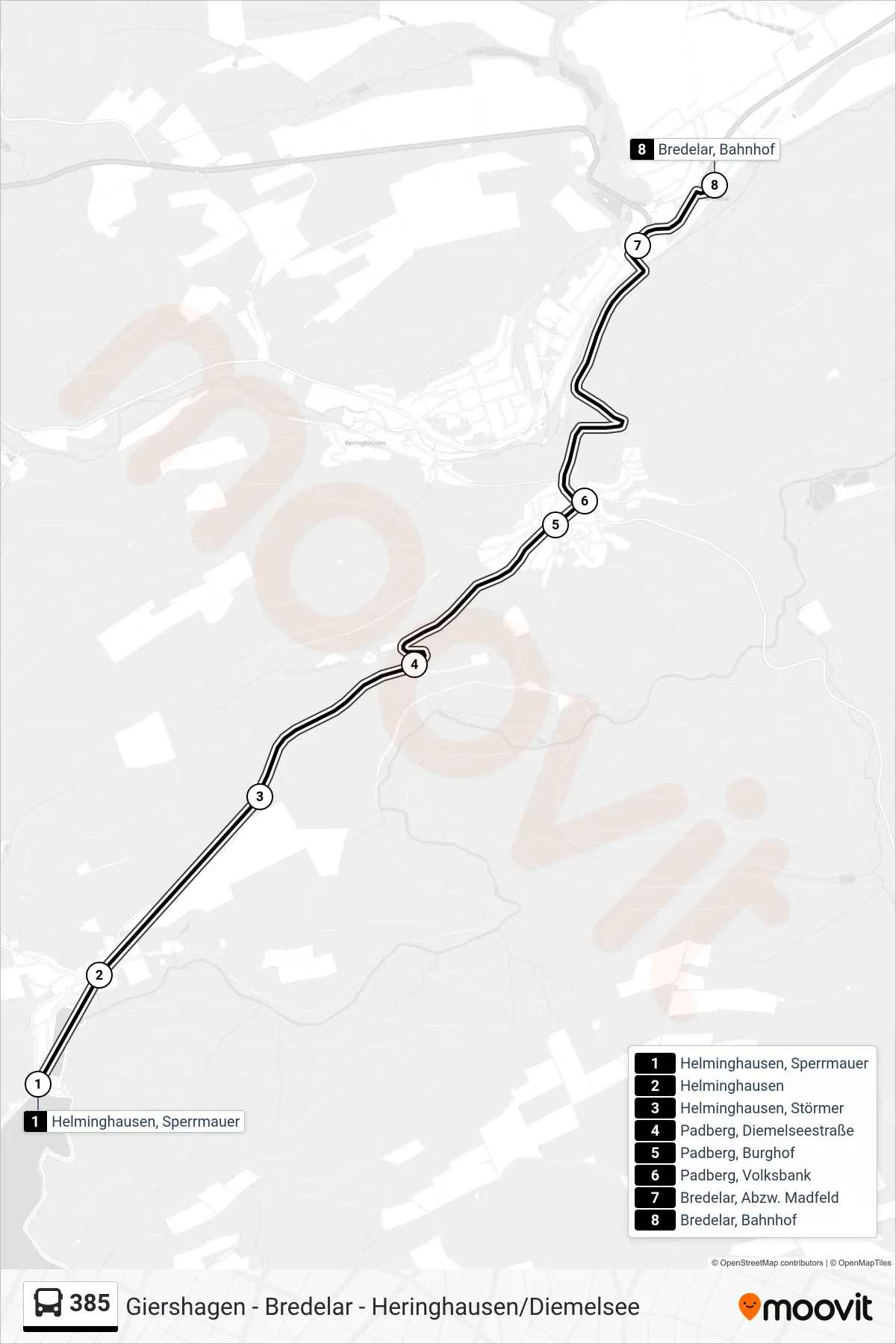 385 bus Line (Bredelar) route and stops on a map