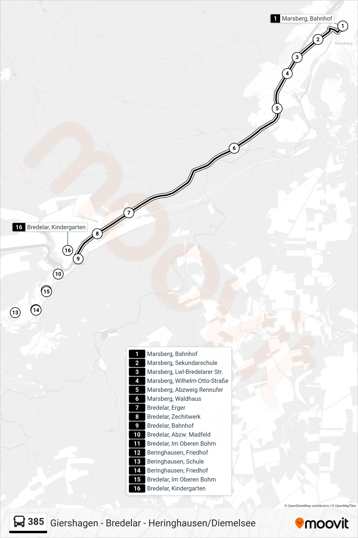 385 bus Line (Bredelar) route and stops on a map
