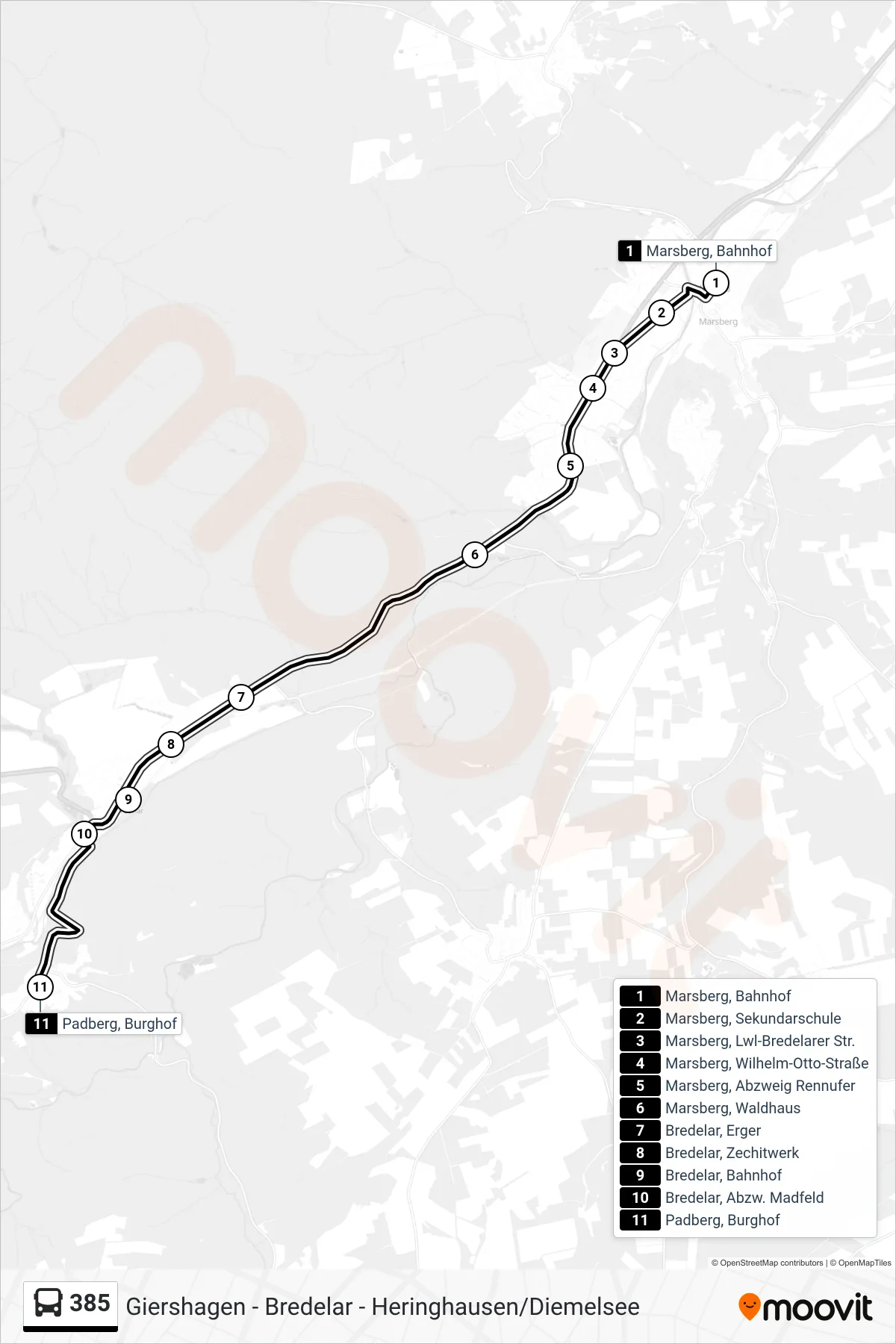 385 bus Line (Padberg) route and stops on a map