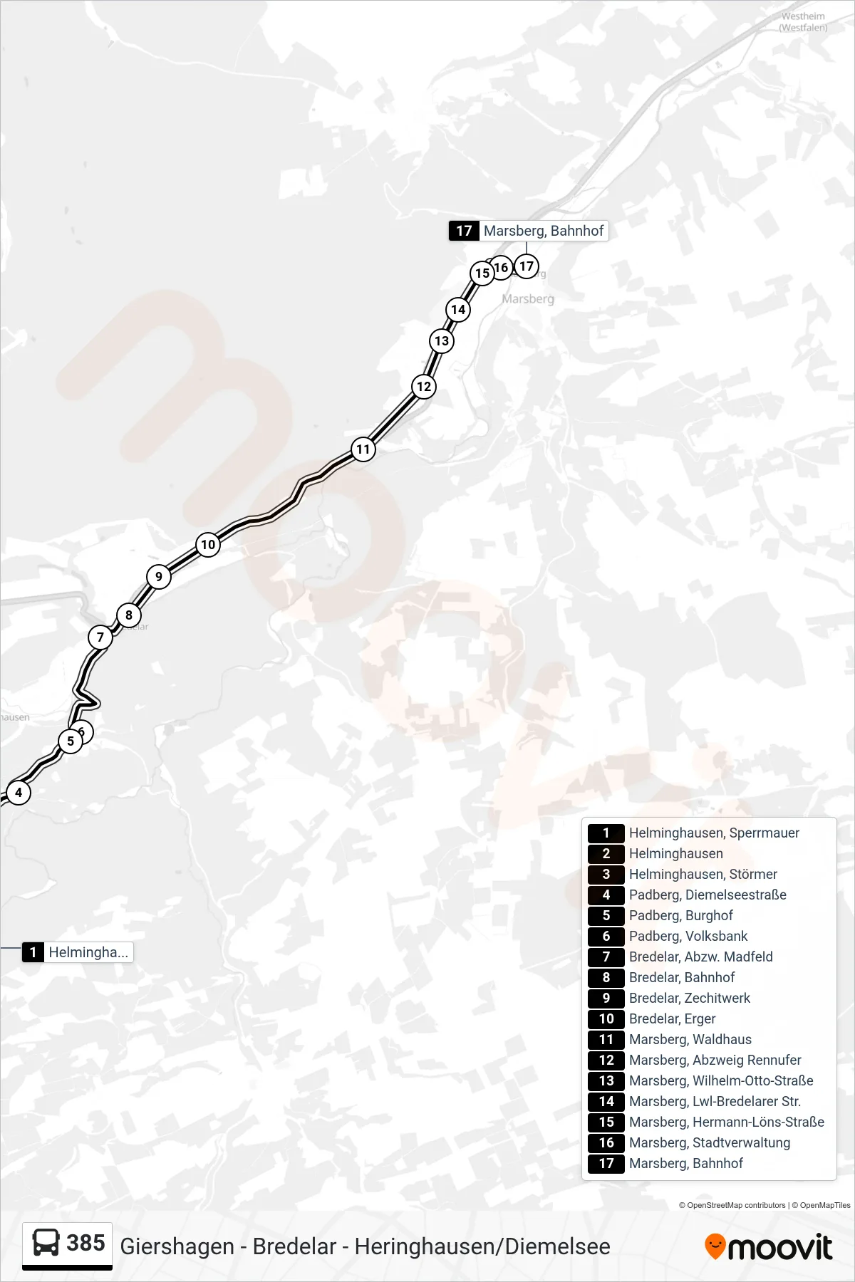 385 bus Line (Marsberg) route and stops on a map