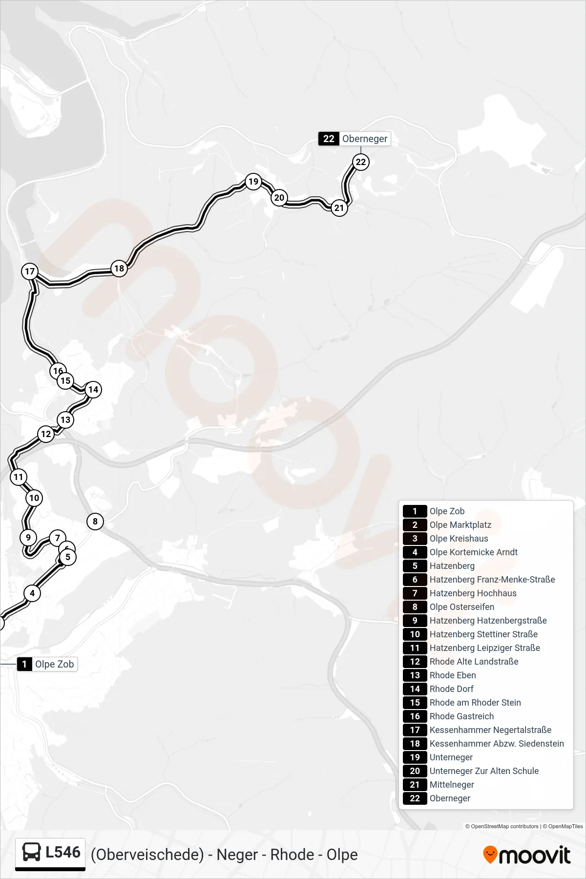 L546 bus Line (Oberneger) route and stops on a map