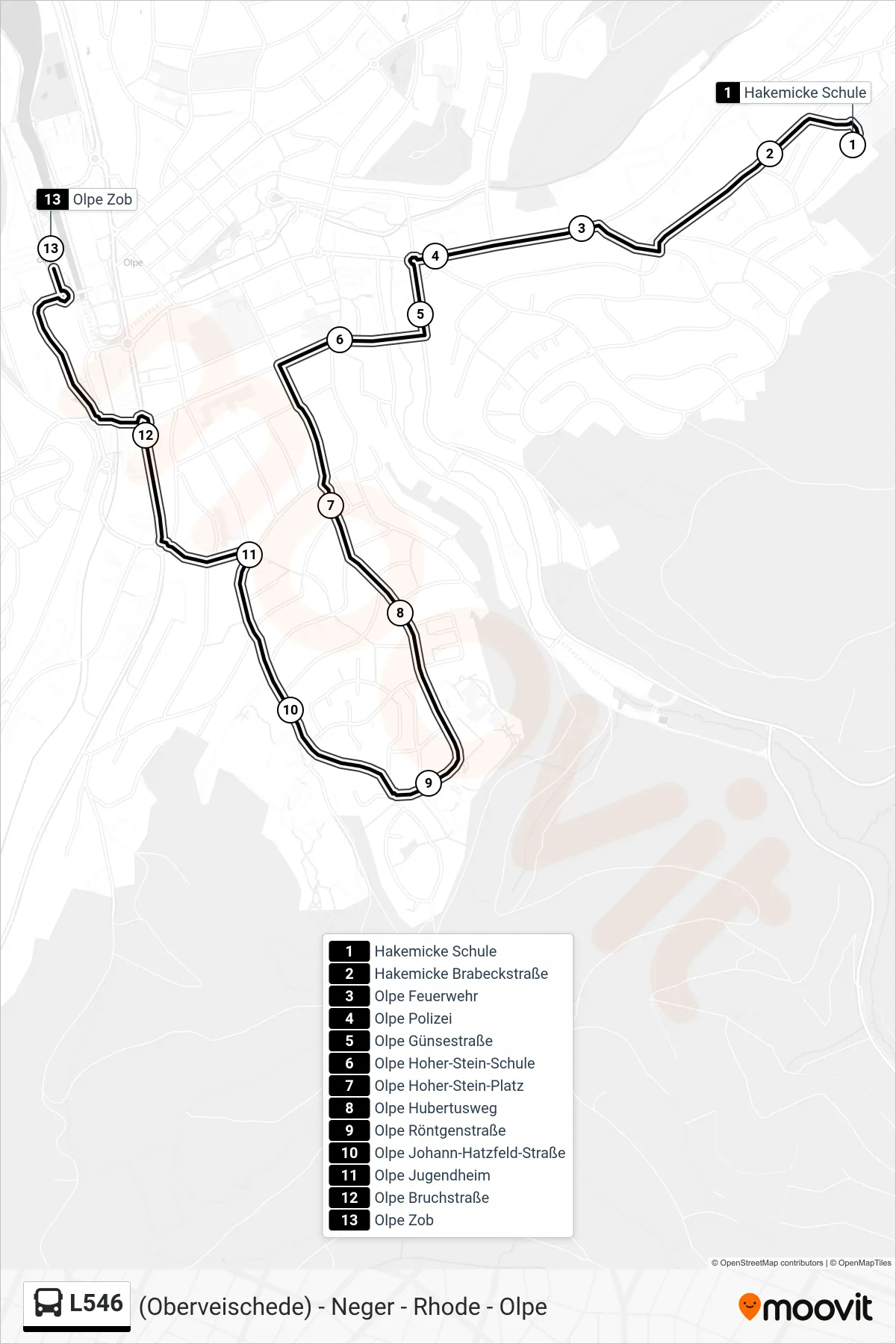 L546 bus Line (Olpe Zob Bstg 10) route and stops on a map