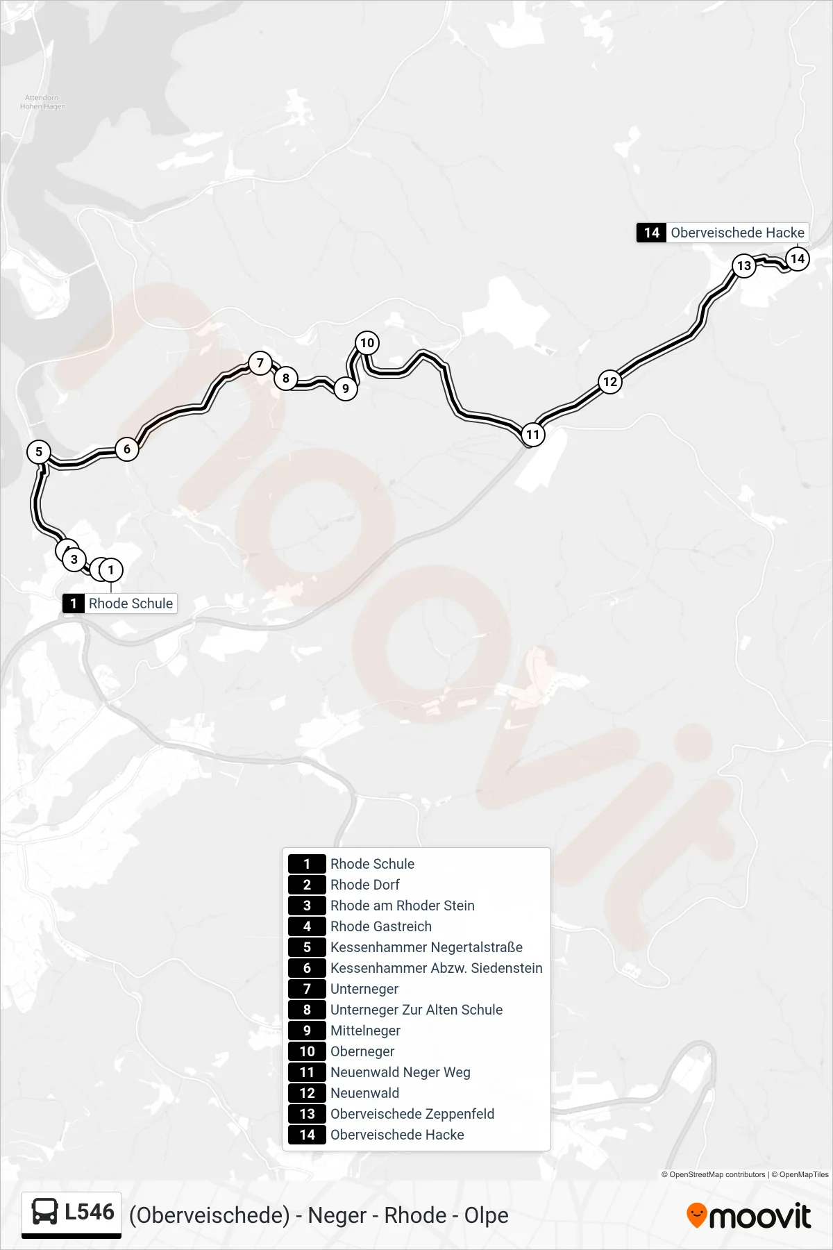 L546 bus Line (Oberveischede Hacke) route and stops on a map