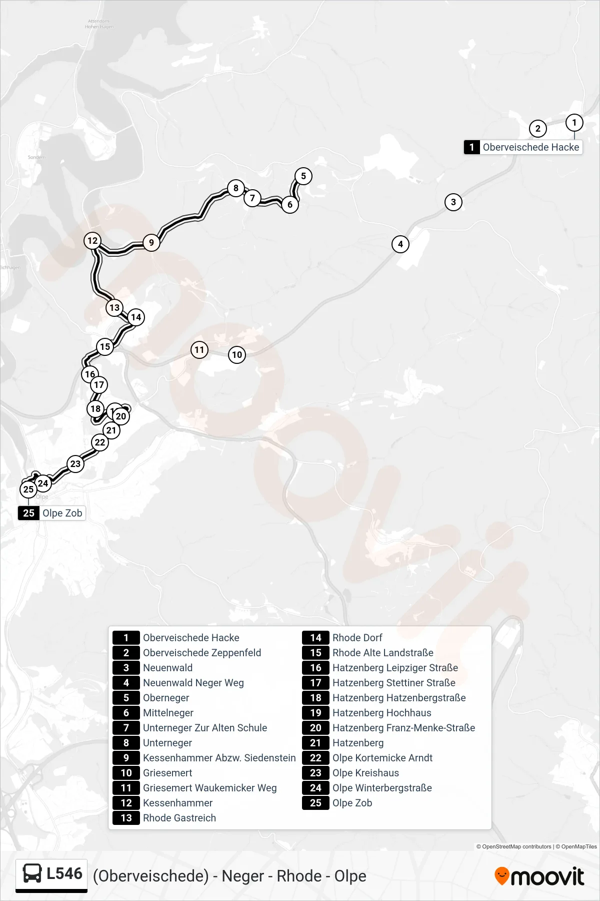 L546 bus Line (Olpe Zob Bstg 9) route and stops on a map