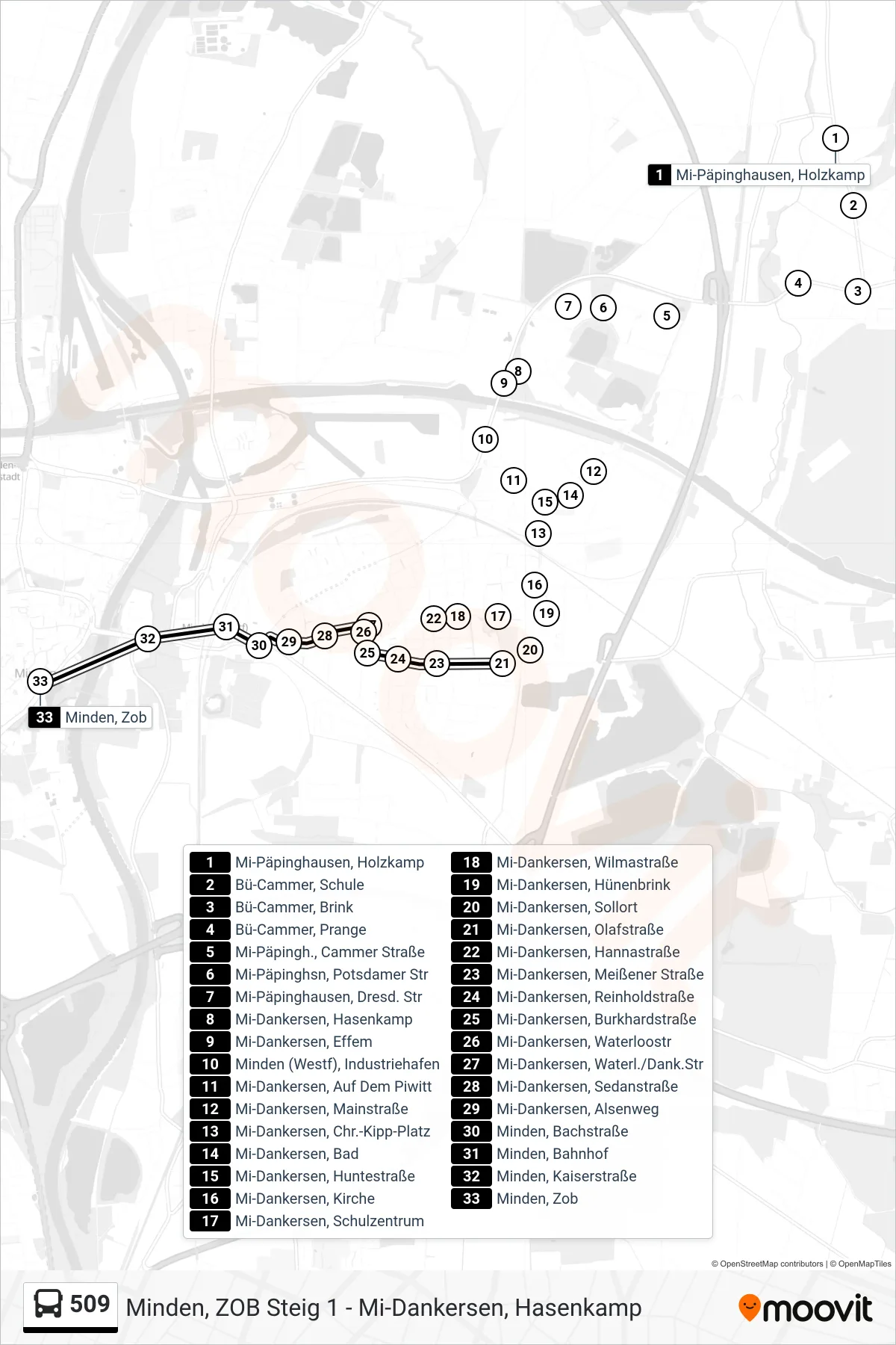 509 bus Line (Zob Minden) route and stops on a map
