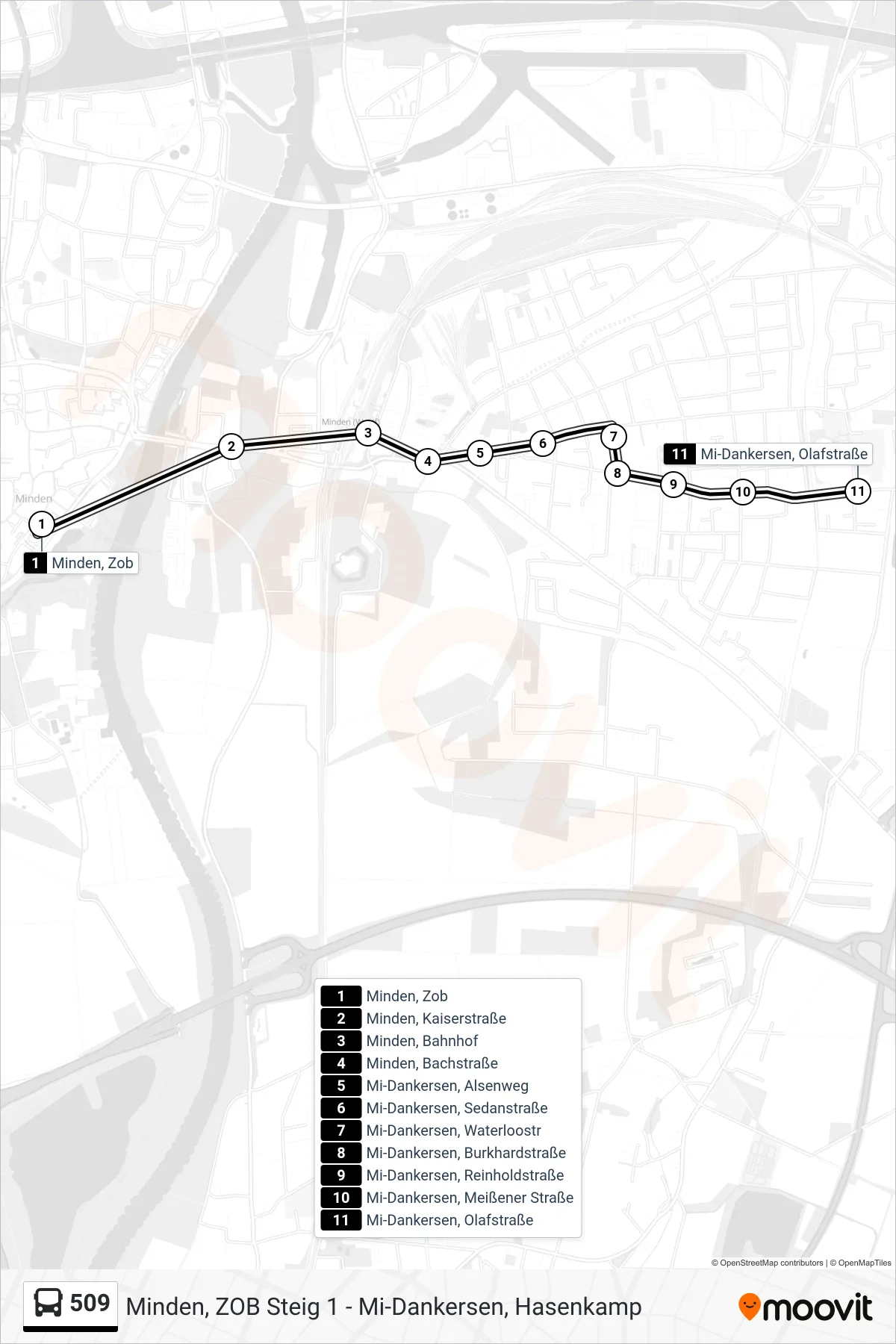 Linie 509 (Bus) Richtung 510 Kleinenbremen Über Waterloostr.: Route und Haltestellen auf der Karte