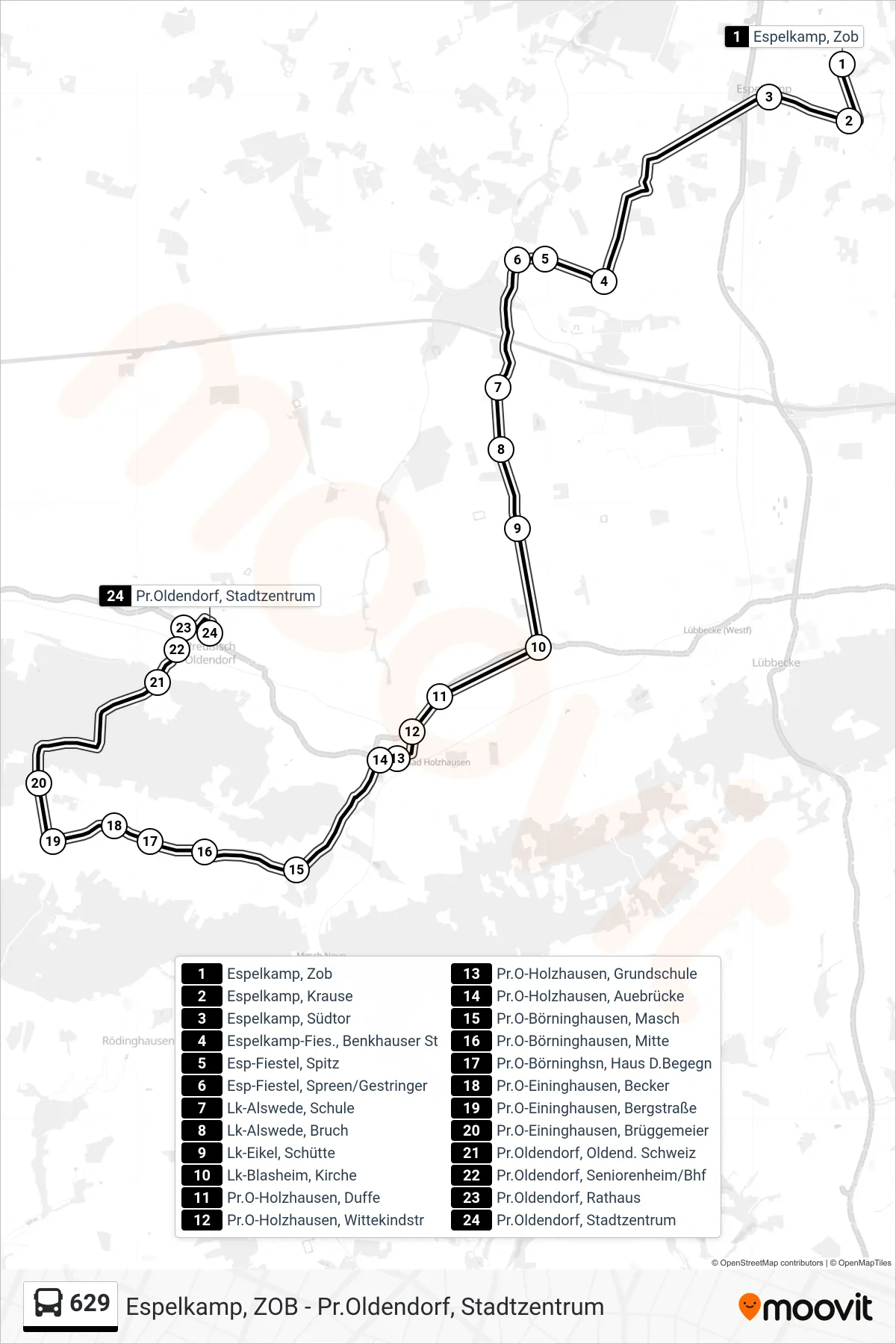 Linie 629 (Bus) Richtung Pr. Oldendorf Stadtzentrum: Route und Haltestellen auf der Karte